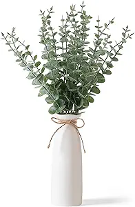 Vase with Greenery, 20pcs Artificial EucalyptusStems in White Vase, Boho Home Decor Plant, 19" Decorative Fake Plants for Home Farmhouse Mantle Centerpiece Decor