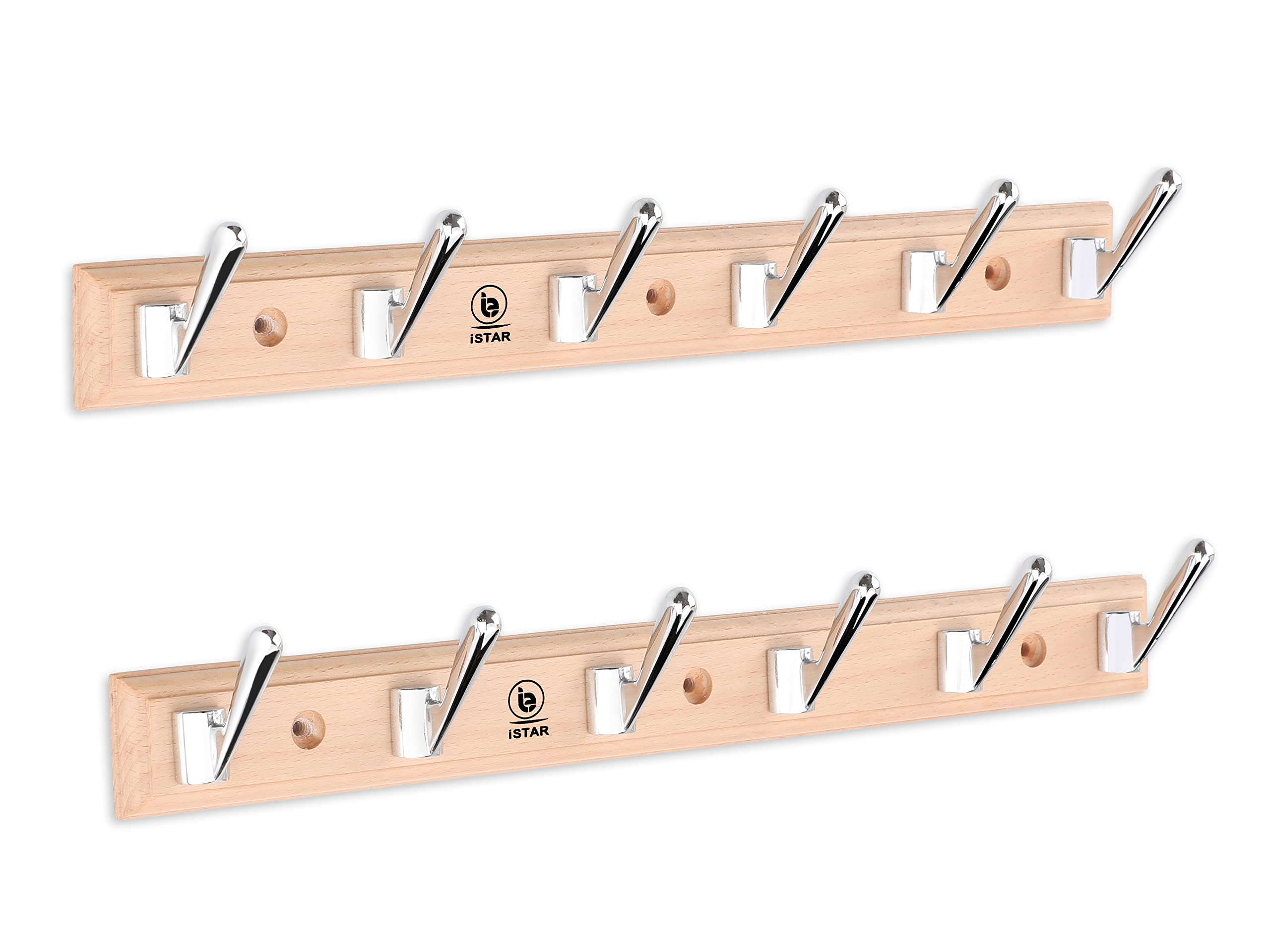 iSTAR 6 Pin Wooden Cloth Hooks Hanger Wall Bedroom Bathroom Robe Hooks Rail for Hanging Keys,Clothes,Towel Steel Hook