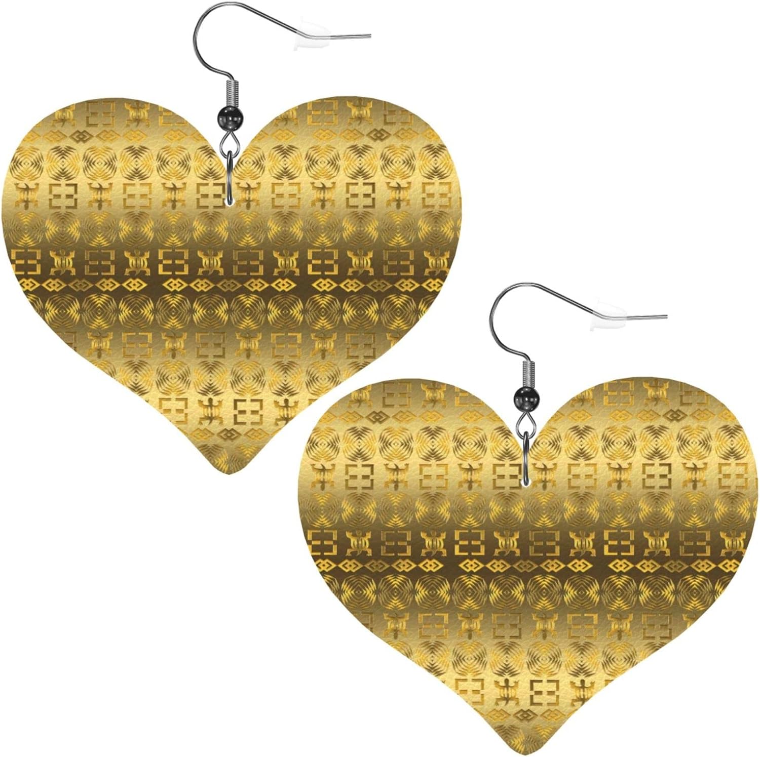 DKJlitter Women's Heart Earrings, Ethnic African pattern with Adinkra simbols Faux Leather Earrings, Lightweight Dangle Earrings