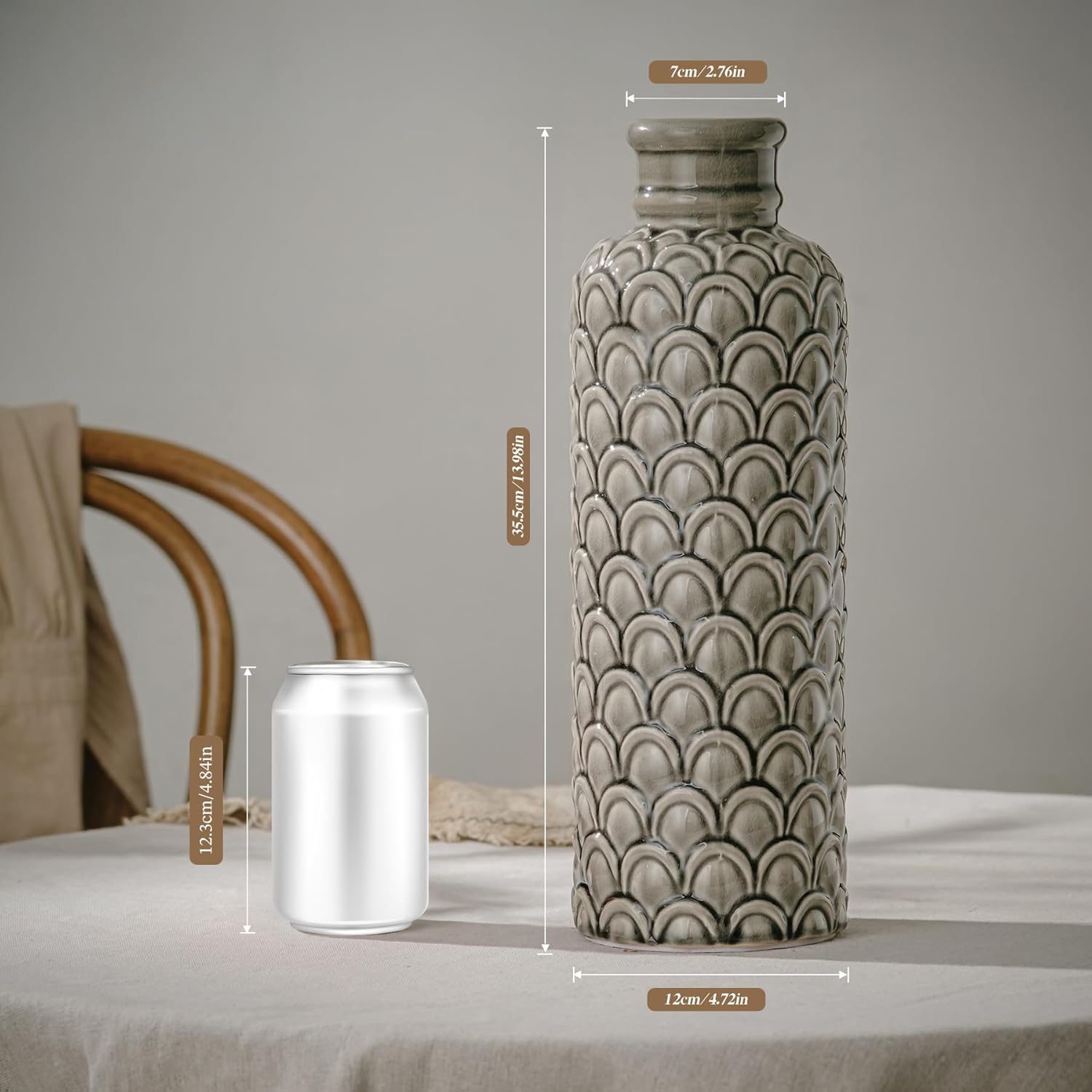 Tall Ceramic Flower Vase, 13.98" Large Decorative Vases for Flowers, Grey Rustic Farmhouse Vase for Home Decor,Centerpieces,Bathroom,Living Room,Shelf,Coffee Table,Mantel,Entryway,Bedroom,Kitchen