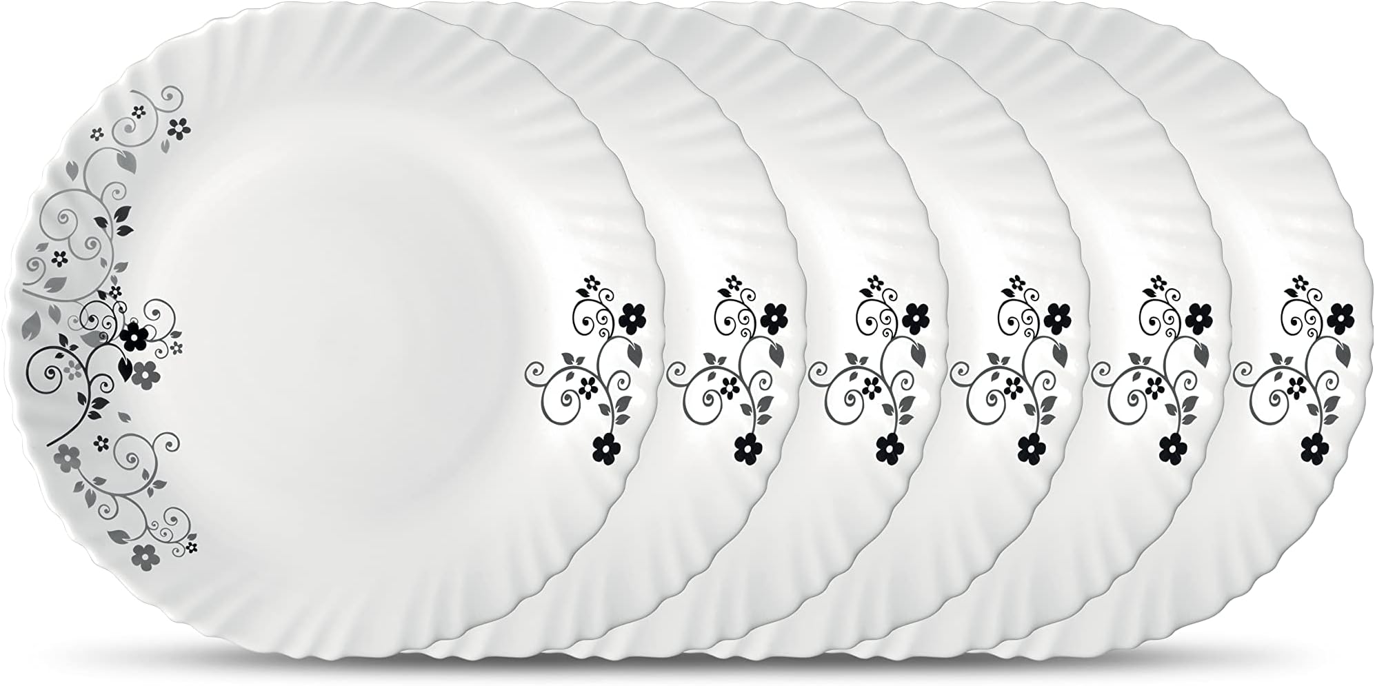 La Opala Diva Classique Collection Opal Glass Crockery | Full Plate Set of 6 | Mystrio Black Design | for Dining & Gifting | Microwave Safe | 100% Vegetarian | Extra Strong | Super Light & White