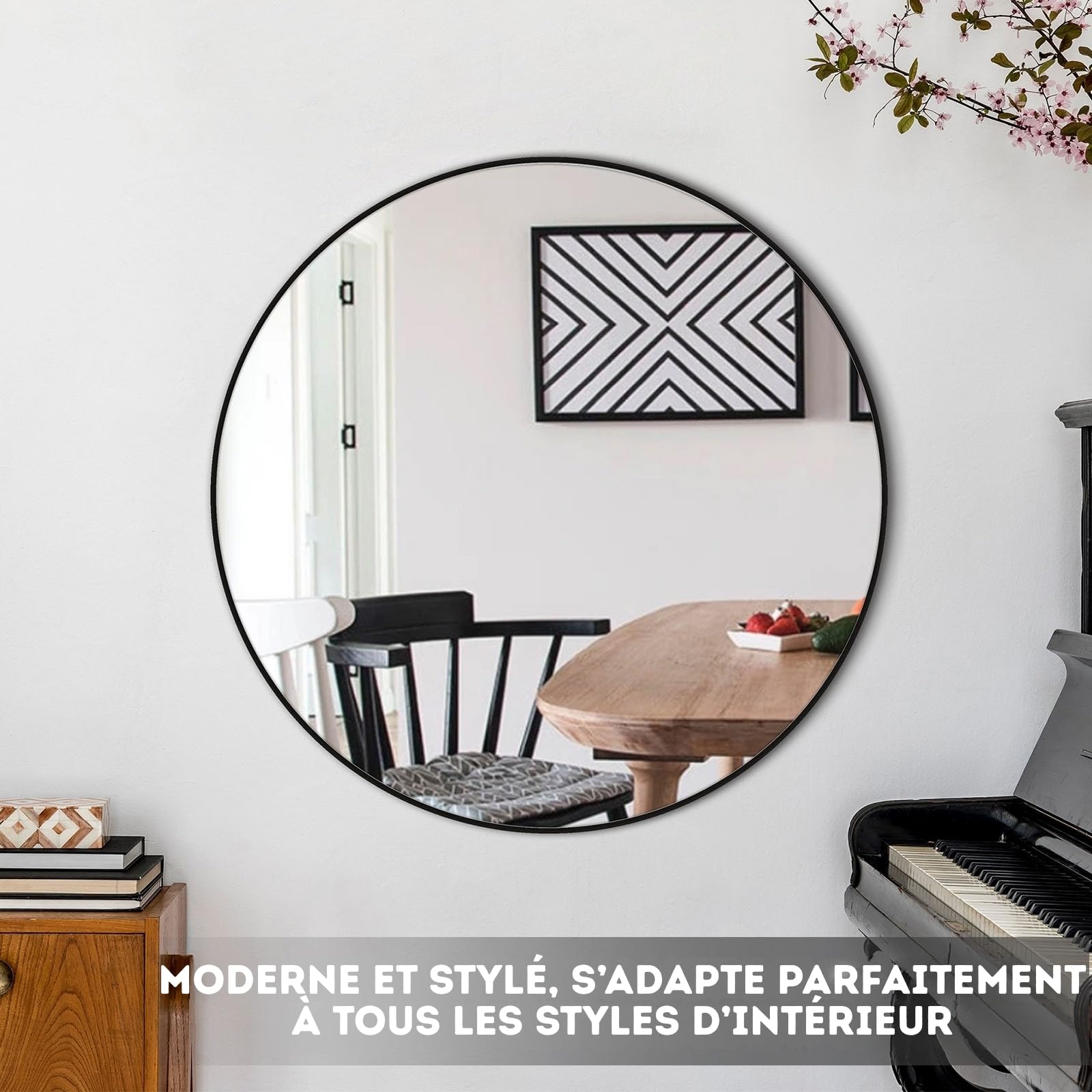 KARAT Miroir Mural Rond pour Salle de Bain et Chambre, avec Cadre en Alliage d'aluminium Noir Bella, Ø 60 cm, Verre trempé avec Film de sécurisé, Design élégant, Fixation Murale ou Poser sur Table