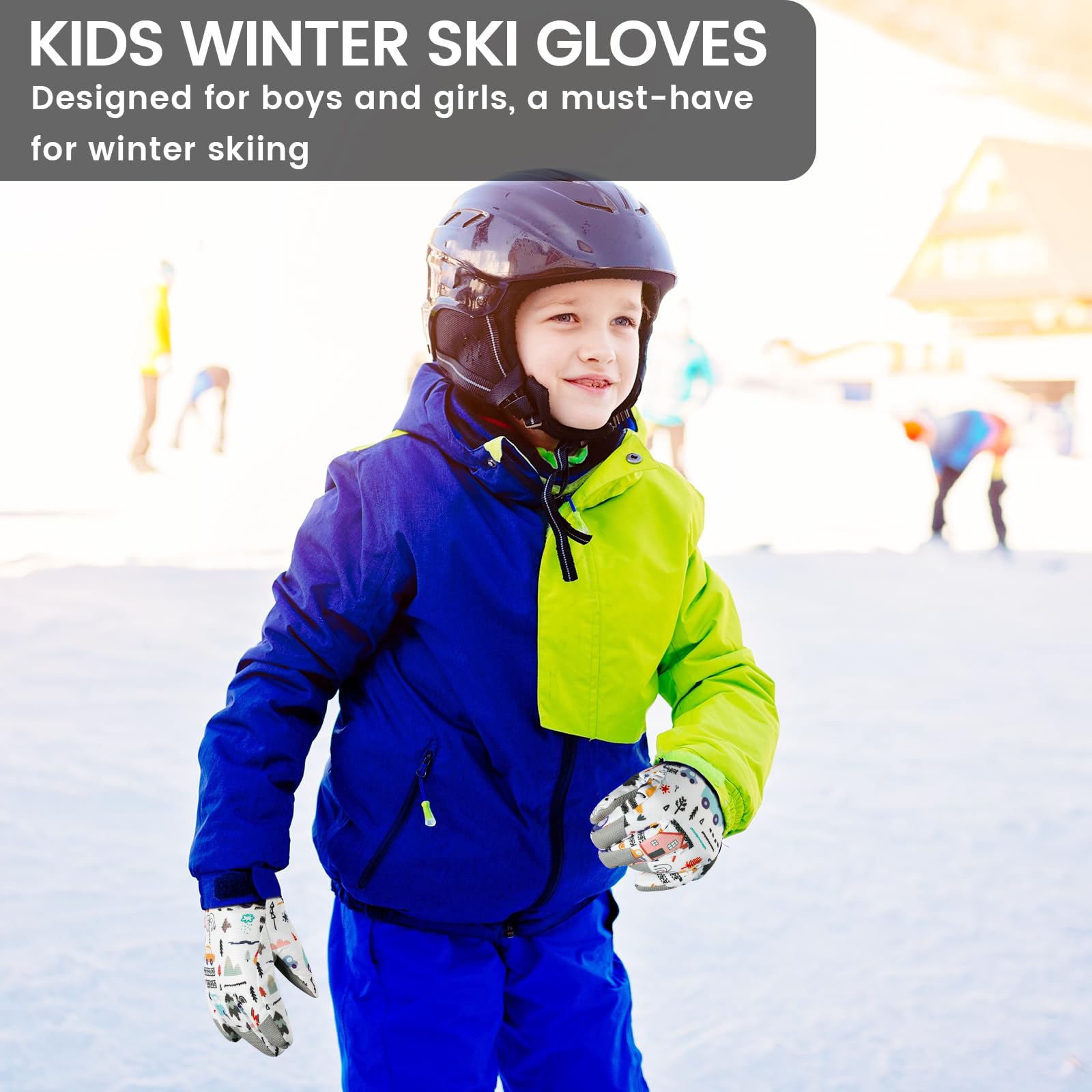 QKURT Guantes de Esquí para Niños, Guantes de Esquí Térmicos de Invierno para Niños, Manoplas a Prueba de Viento para Nieve, Guantes de Trineo para Patinaje en Clima frío para Niños y Niñas