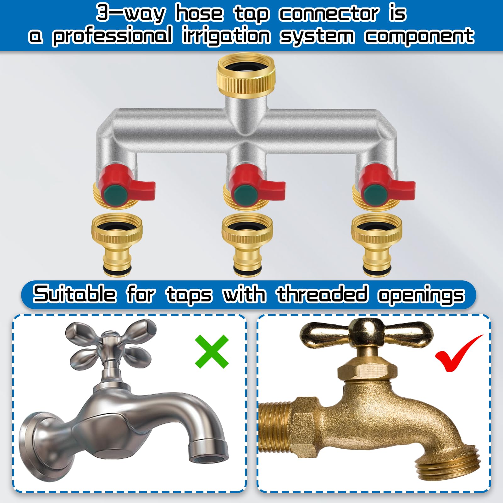 Splitter per rubinetto in ottone a 3 vie con valvole on/off, connettore per rubinetto da 3/4" con filettatura BSP da 3/4", raccordi per tubi flessibili, sistema di irrigazione, valvole a sfera,