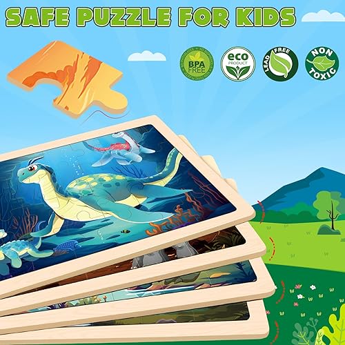 Miniatura 2 de Rompecabezas de madera de dinosaurios para niños de 3, 4 y 5 años, paquete de 4 rompecabezas Montessori de 24 piezas para niñas y niños, actividades