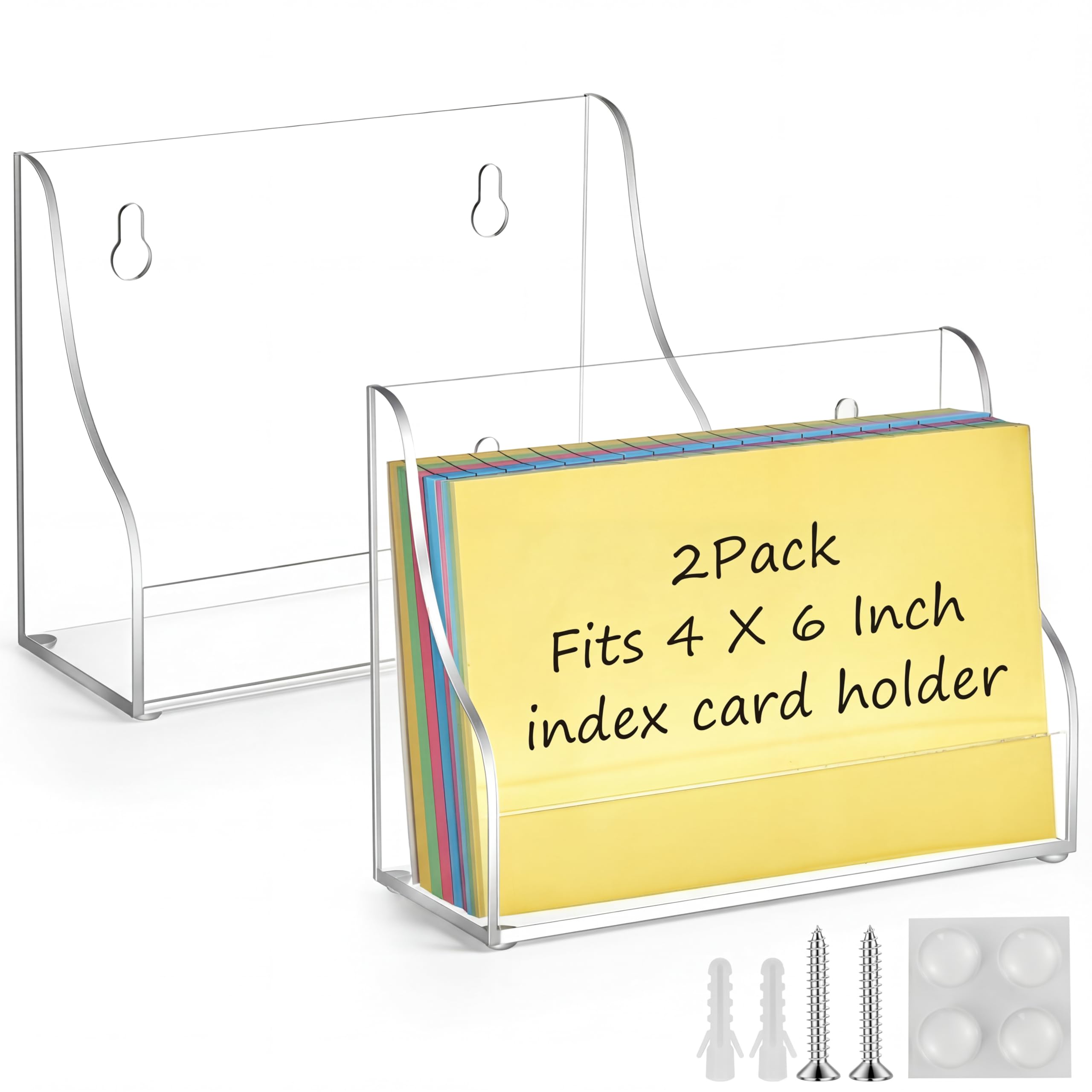 Dunzoom 2 Pack 4x6 Index Card Holder, 2-in-1 Desk &amp; Wall Mounted Acrylic Index Card Display Stand, Includes Screws &amp; Anchors, Clear Notecard Organizer for Back to School Classroom, Office, Business