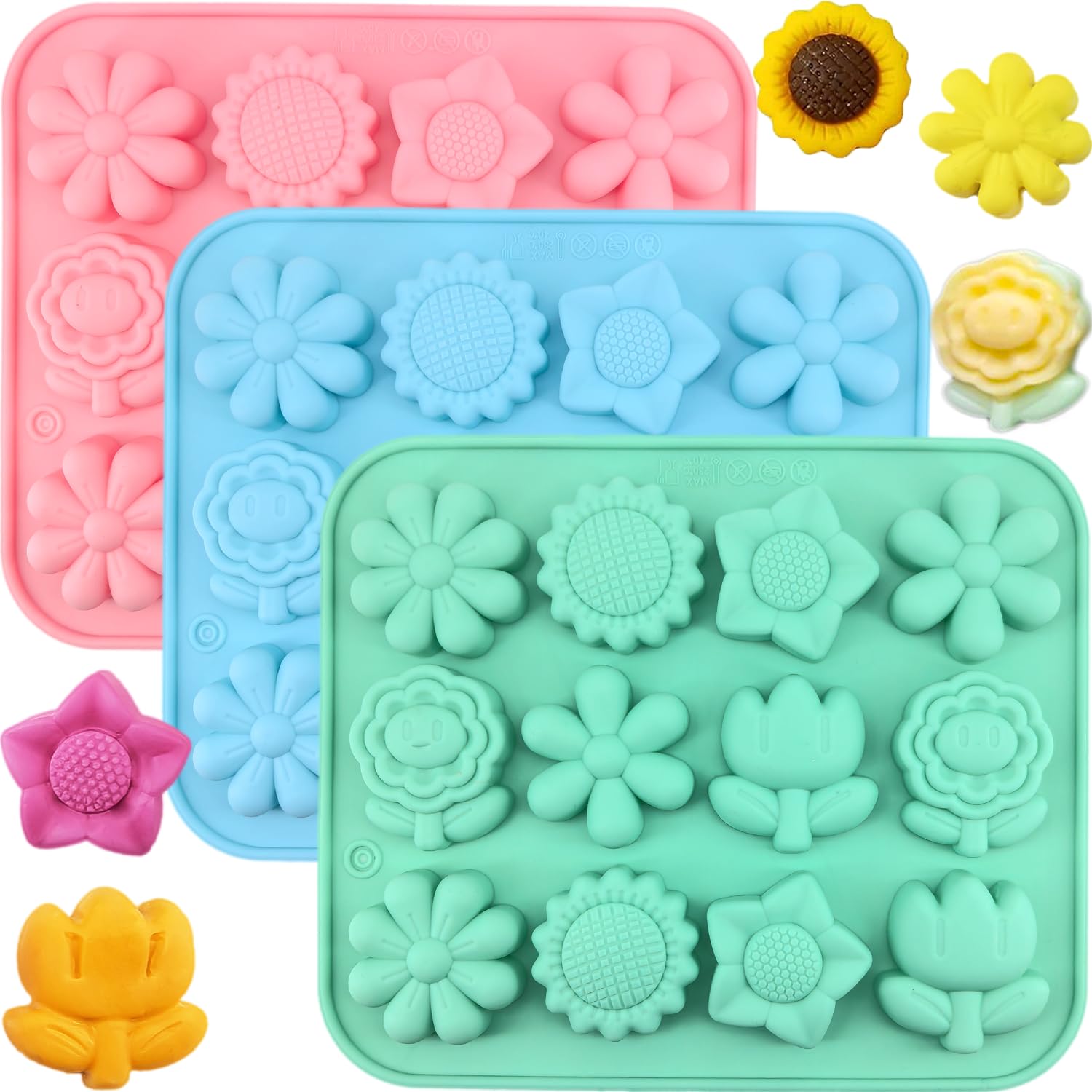 3 Pack Flower Mold Silicone Daisy Flower Chocolate Molds Floral Sunflower Tulip Daisy Candy Baking Molds Cake Pop Mold Ice Cube Soap Jello Candle Mould for DIY Craft Pudding Desserts Making (B)