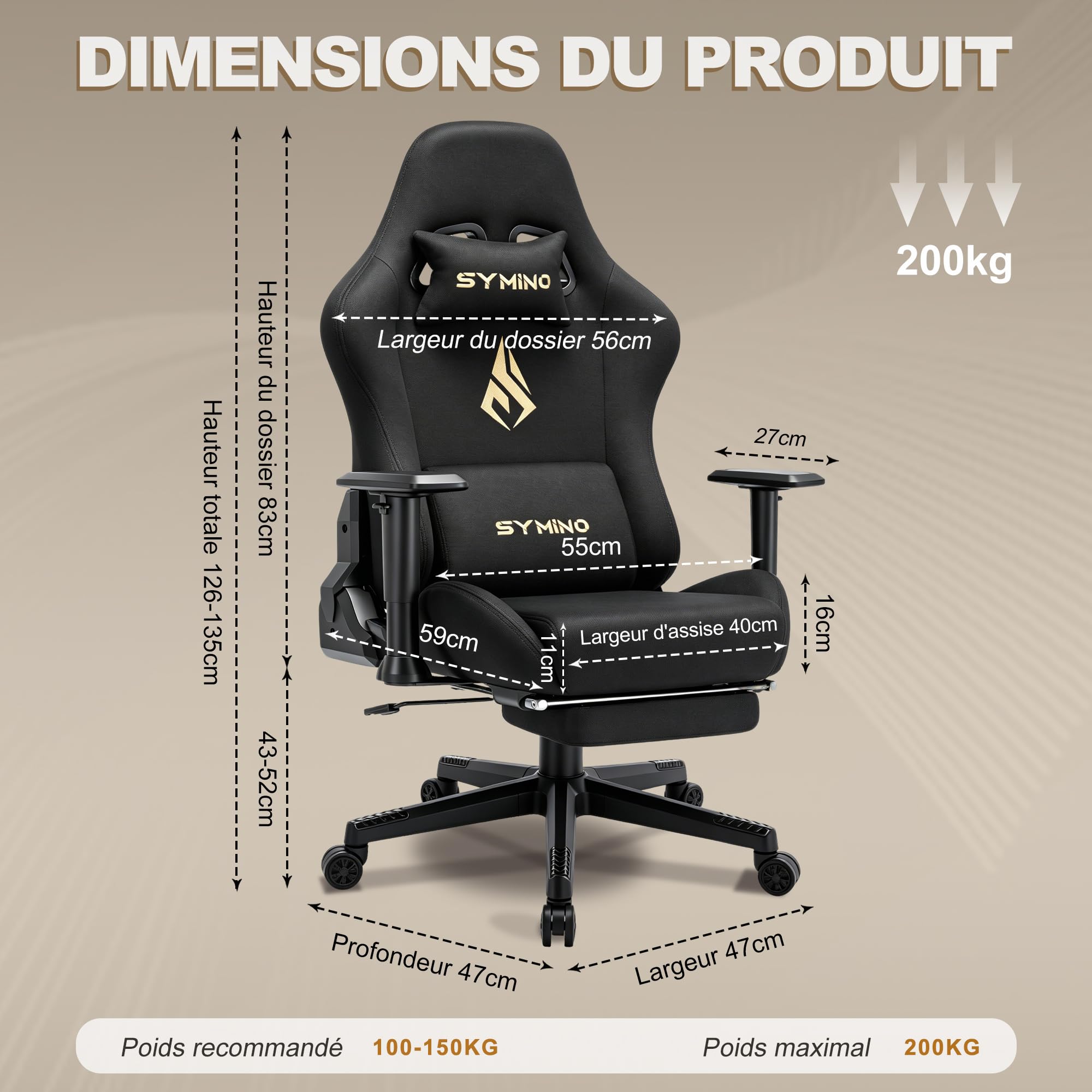Symino Chaise Gaming Ergonomique et Fauteuil Gamer avec Repose-Pieds Télescopique Coussin à Ressorts, Support Lombaire et Hauteur Réglable 200kg (Faux Daim, Noir)