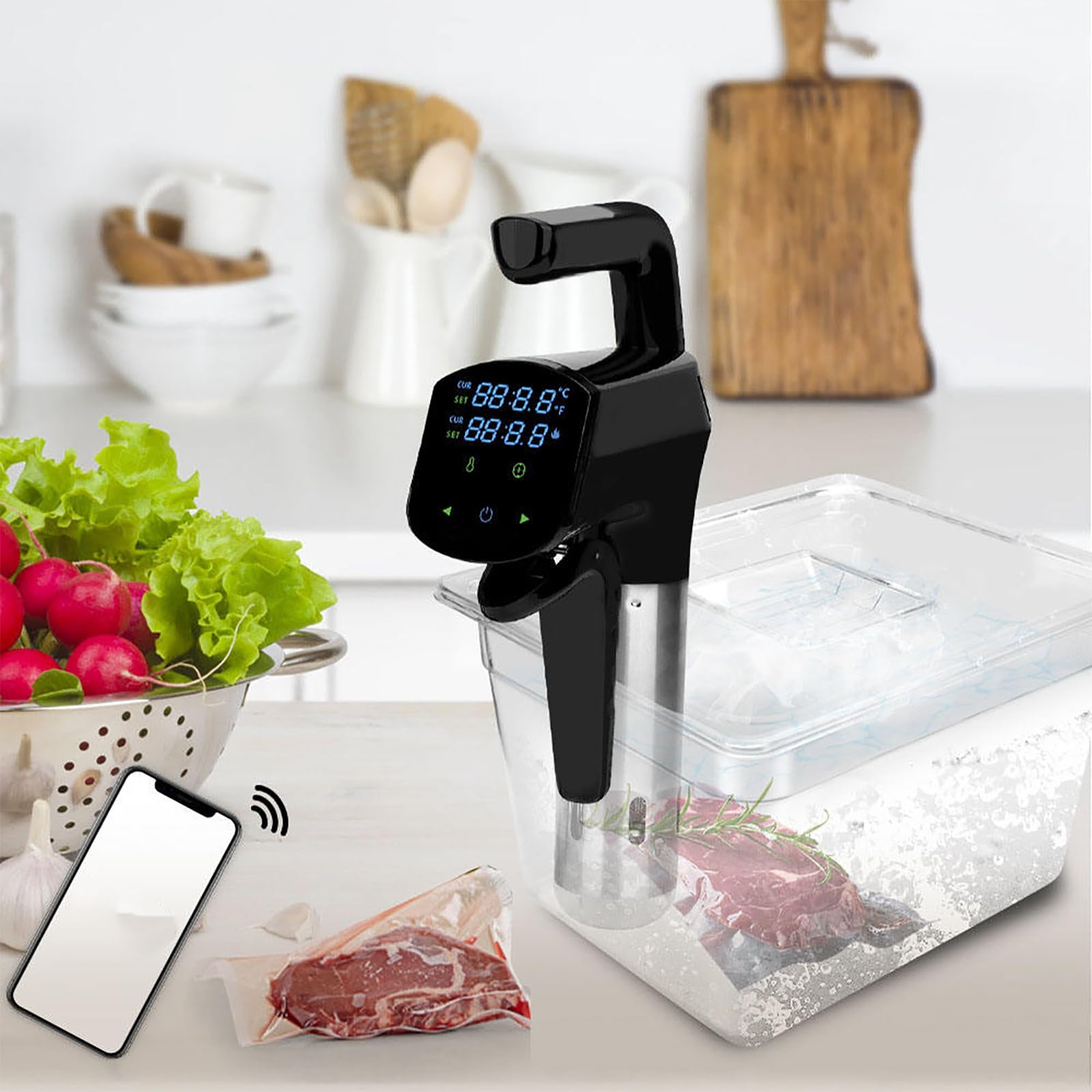 1800W Thermal Immersion Circulator, Sous Vide Cooker Machine with App & Panel Control, Temp & Time Adjustable, Low Temp Slow Cooking, 3D Circulation Heating Technology for Meat Vegetables