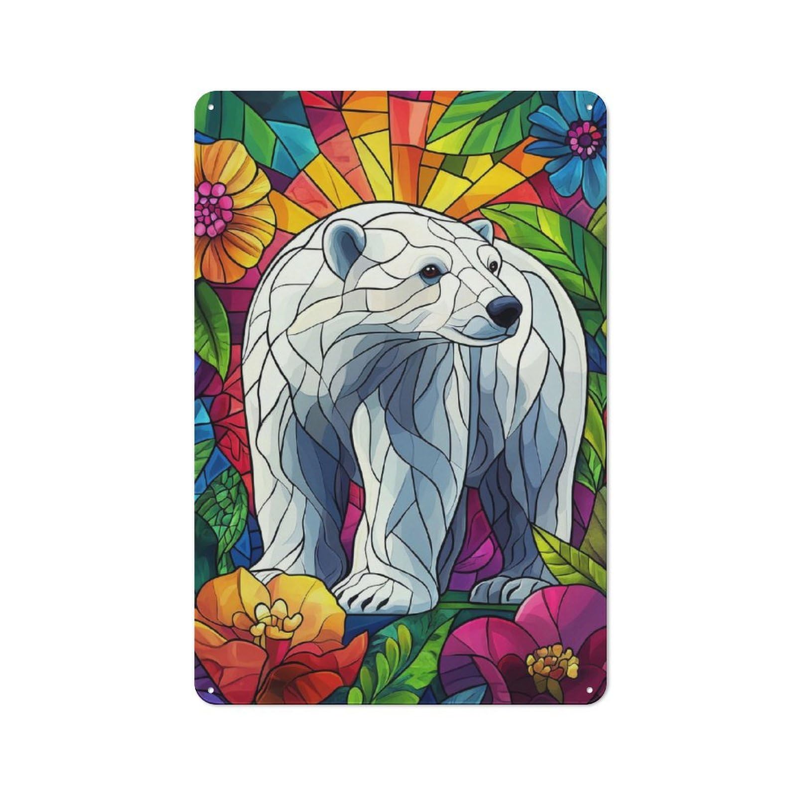 Junmoney Polar Bear In Floral Stained Glass Retro Metal Wall Decor 30X20cm, Tin Wall Sign For Bakery, Diner, Cafe Or Family Room