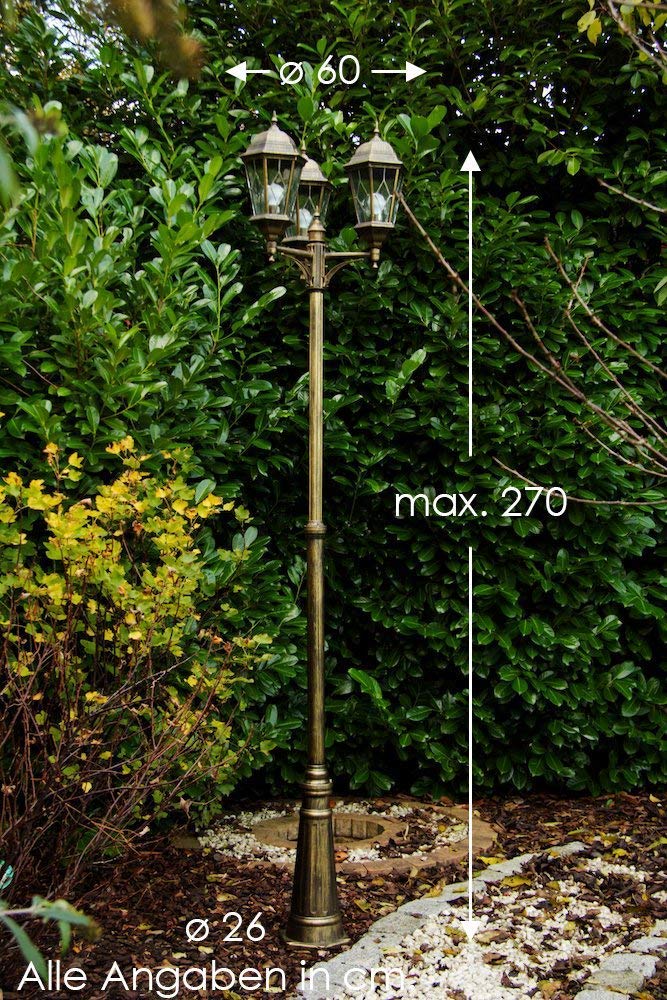 Buitenlamp Hong Kong, staande lamp in antieke look, gegoten aluminium in bruin/goud met matglazen ruiten, padlamp 120 cm, retro/vintage tuinlamp, E27 fitting, IP44, zonder gloeilampen