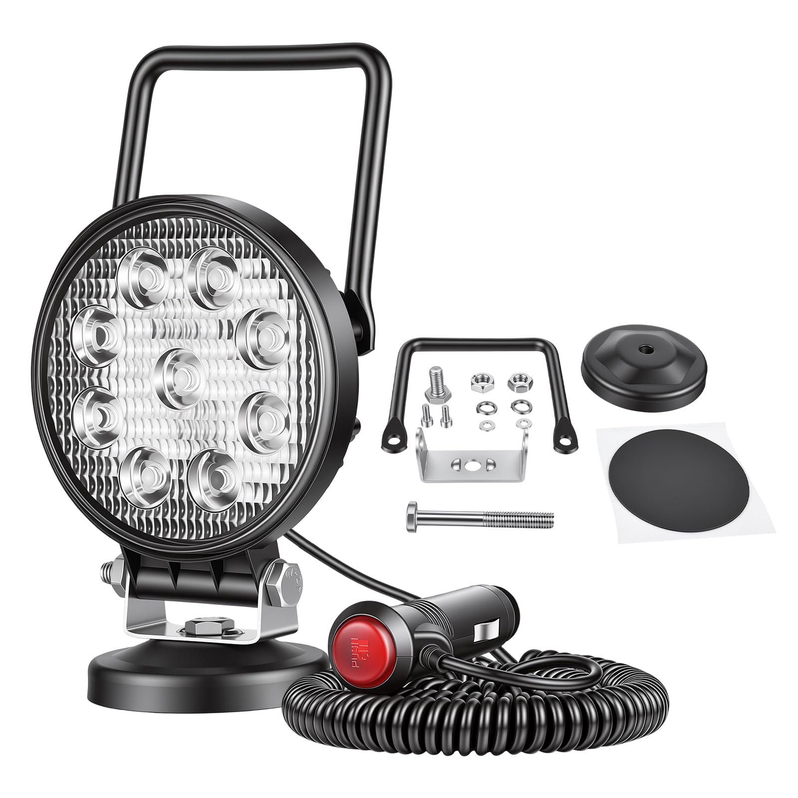 RIGIDON Przenośna podstawa magnetyczna okrągła lampa robocza LED, 10 cm 27 W, wiązka powodziowa, 12 V 24 V, lampa do samochodów terenowych, ciężarówek, 4 x 4 SUV, ATV, ciągników, koparek, 6000 K,