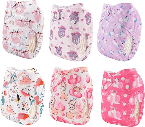 Miniatura 5 de ALVABABY pañales de tela para bebés, tamaño único y ajustable, pañales lavables y reutilizables para niños y niñas, 6unidades con 12rellenos