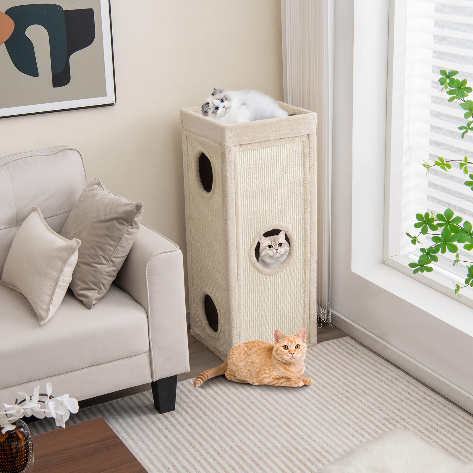 COSTWAY 4-stöckige Kratztonne Katzentonne, Kratzbaum mit Kratzbrett, 3 Höhlen & Kissen, Spieltonne für Katzen bis 25 kg, Katzenkratzbaum Katzenhaus Katzenmöbel, 40 x 40 x 99 cm (Beige)