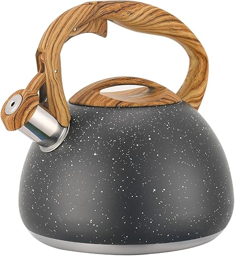 Tetera silbante para estufa, acero inoxidable de grado alimenticio, teteras negras para estufa con mango anticalor y botón de apertura y cierre de
