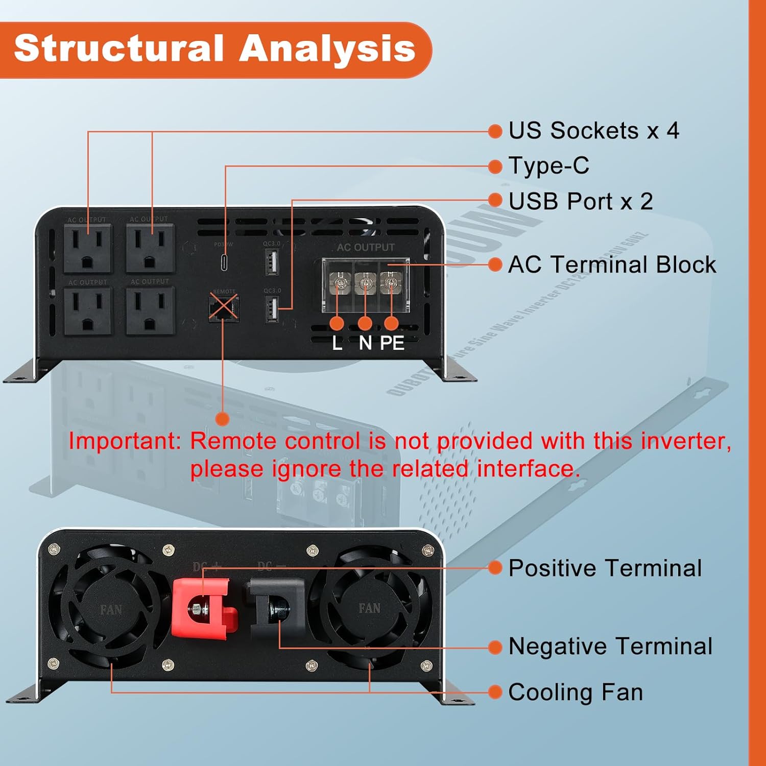 Power Inverter 3000 Watt Pure Sine Wave DC 12V to AC 120V Car Converter with LCD Display 4 AC Outlets and Hardwire Port for RV,Truck,Home,Off Grid Solar System