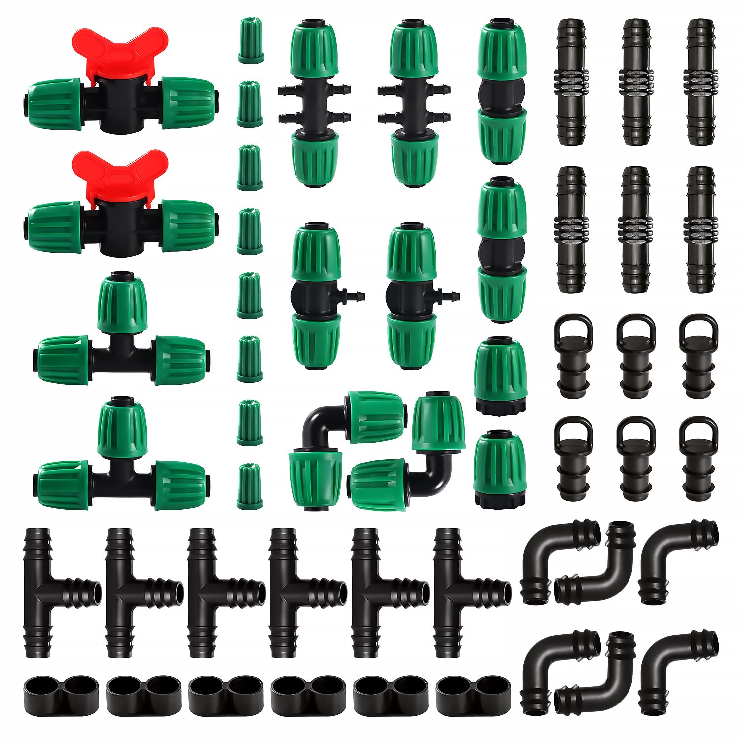 VooGenzek 52 PCS Drip Irrigation Fittings Kit for 13/16 mm to 4/7 mm Tubing, Drip Irrigation Barbed Connectors for Garden, Lawn, with Switch Valve, Tees, Elbow, Straight, 6 Way, End Plug, Green
