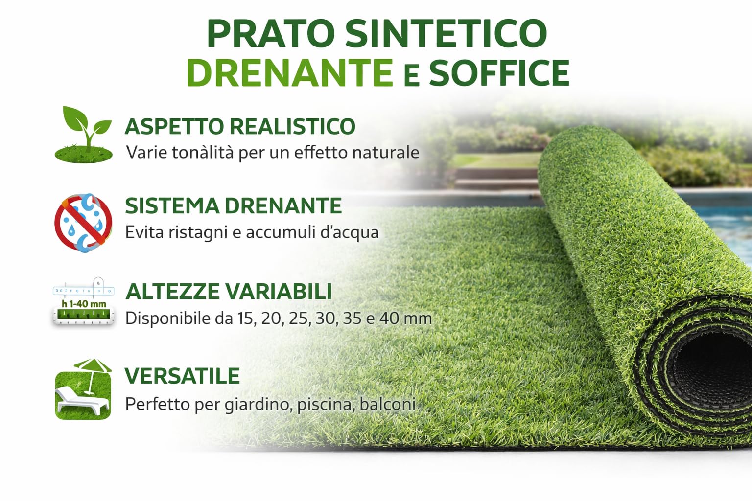 Prato Sintetico 1x5 m Erba Artificiale Drenante Diverse Altezze 15 20 25 30 35 40 mm Effetto Realistico Soffice per Giardino Balcone Terrazzo LEMAG SRL (30MM)