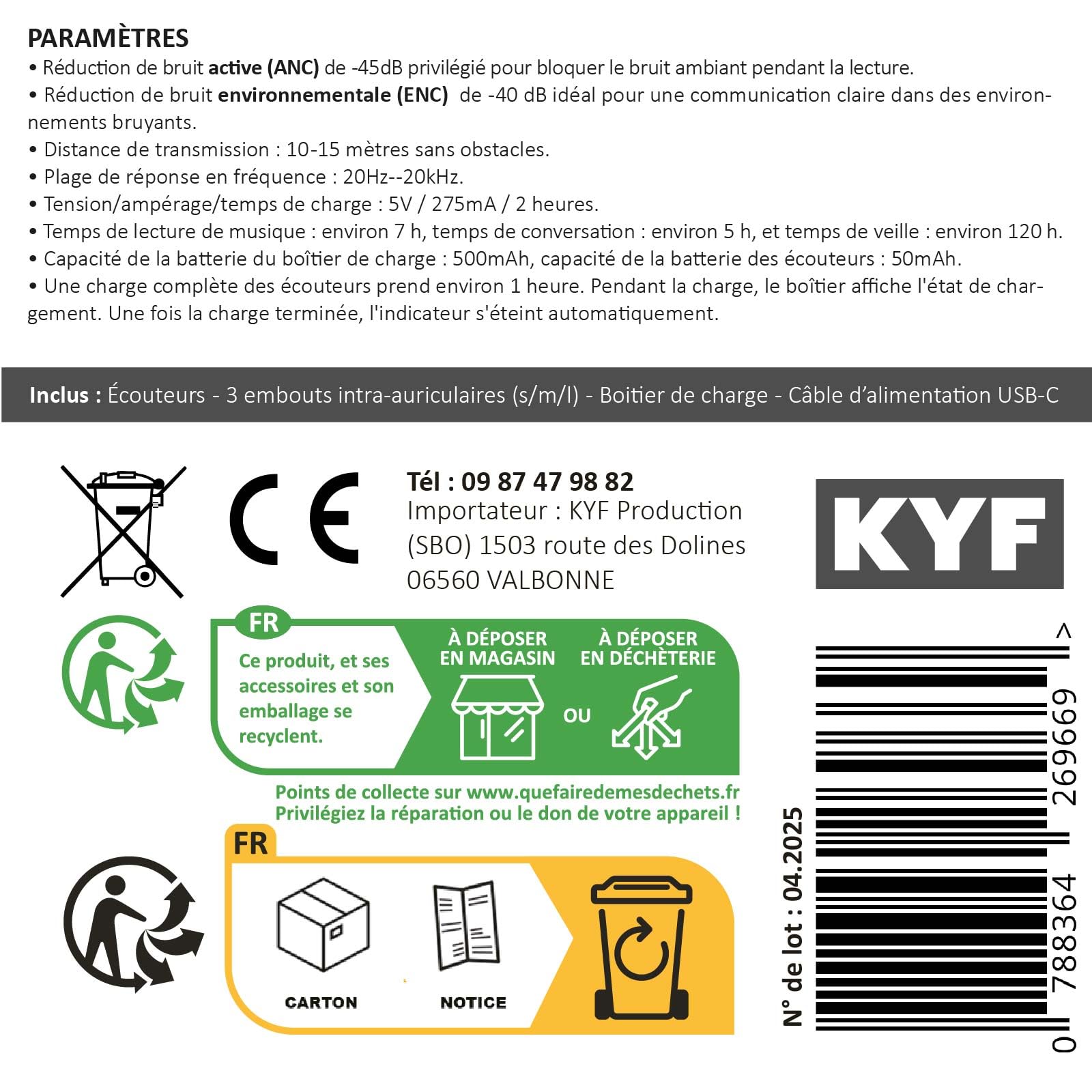 KYF Écouteurs sans Fil Bluetooth 5.4 – ANC Réduction de Bruit Active -45dB, Appels Clairs ENC -40dB, IPX4 Étanche, Son HiFi, Autonomie Longue, Contrôle Tactile – Compatibles iOS/Android