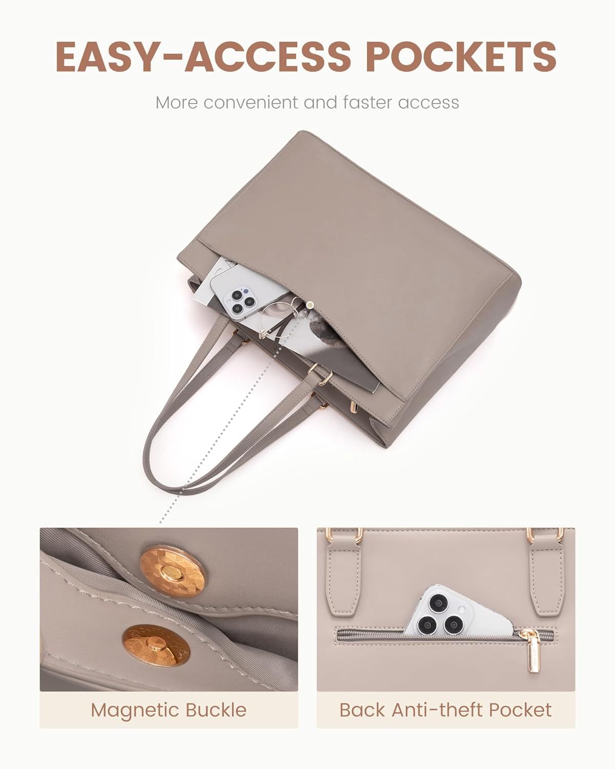 LOVEVOOK Laptop Tote Bag for Women, Work Bags Teacher Tote Bag, Waterproof Leather Computer Bag, Business Laptop Purse Office Handbag Professional Briefcase, Taupe, 15.6 Inch - Image 3