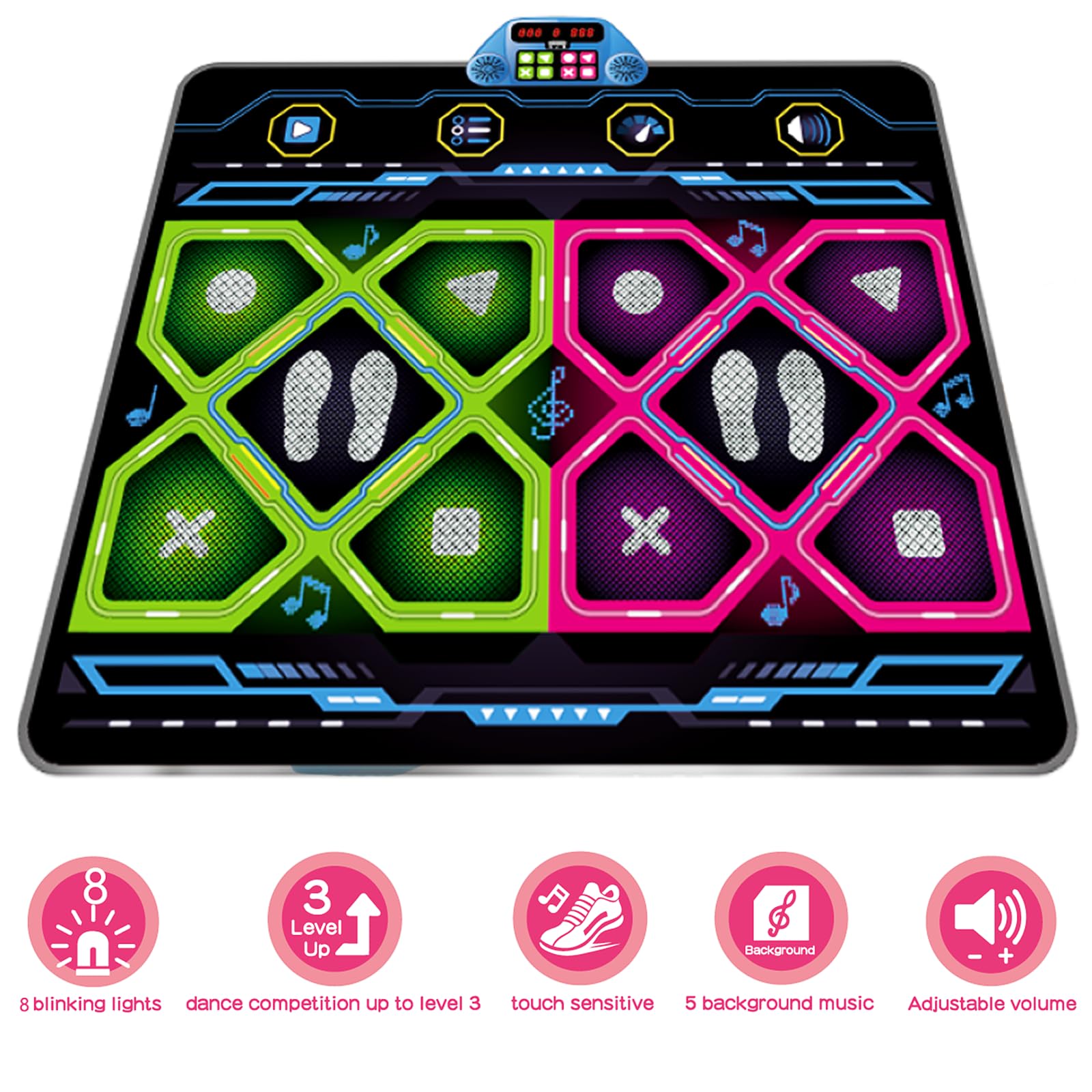 Alfombrilla de baile doble para niños y adultos, almohadilla electrónica de juego de baile con 8 luces LED, 5 pistas de música, 3 niveles de dificultad, alfombrilla de juego antideslizante 2