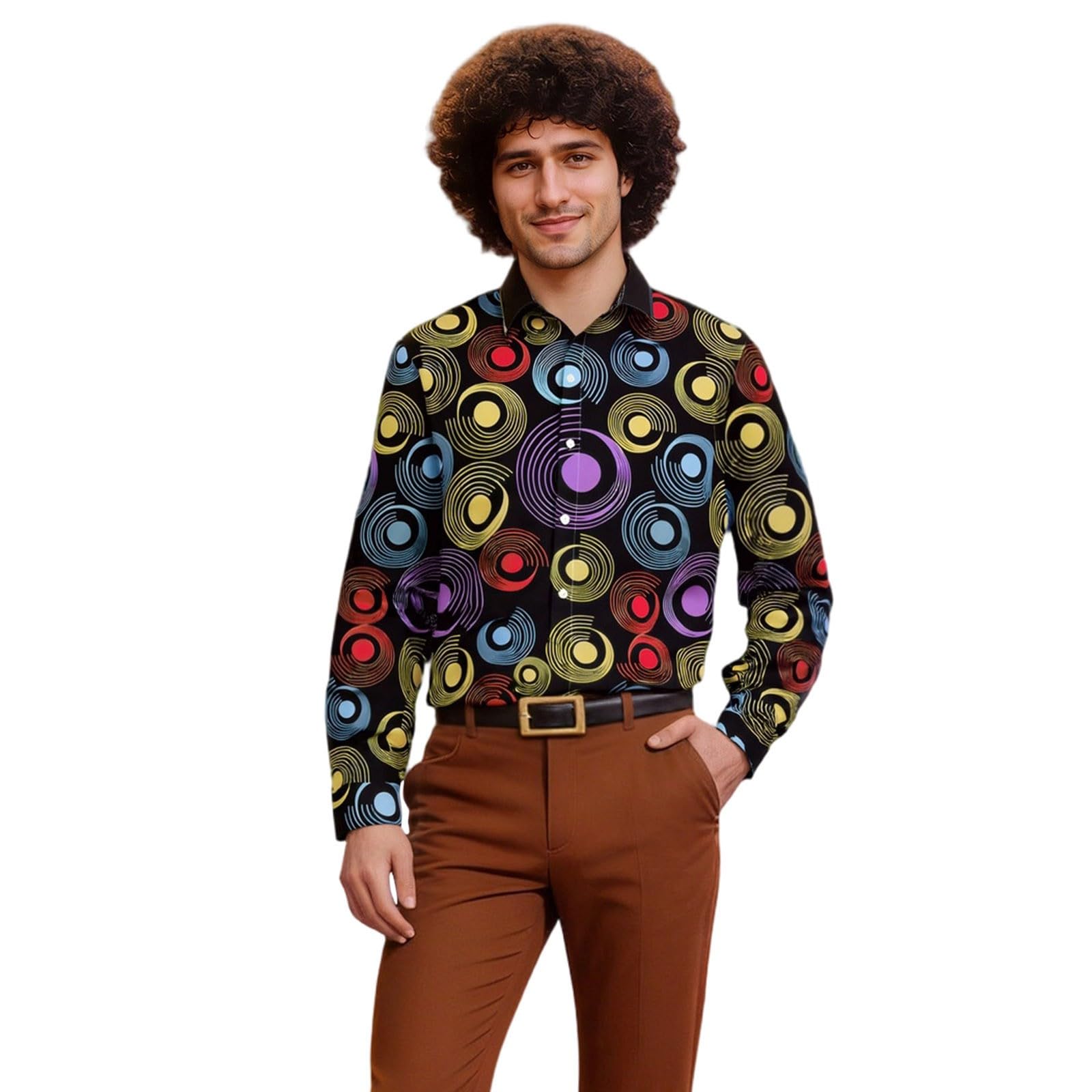 80s Fancy Dress Men, 60s 70s 80s Fancy Dress Men, Hawaiian Shirts for Men Retro Casual Button Down Shirt Shirts Printed Long Sleeve Disco Holiday Black 3XL