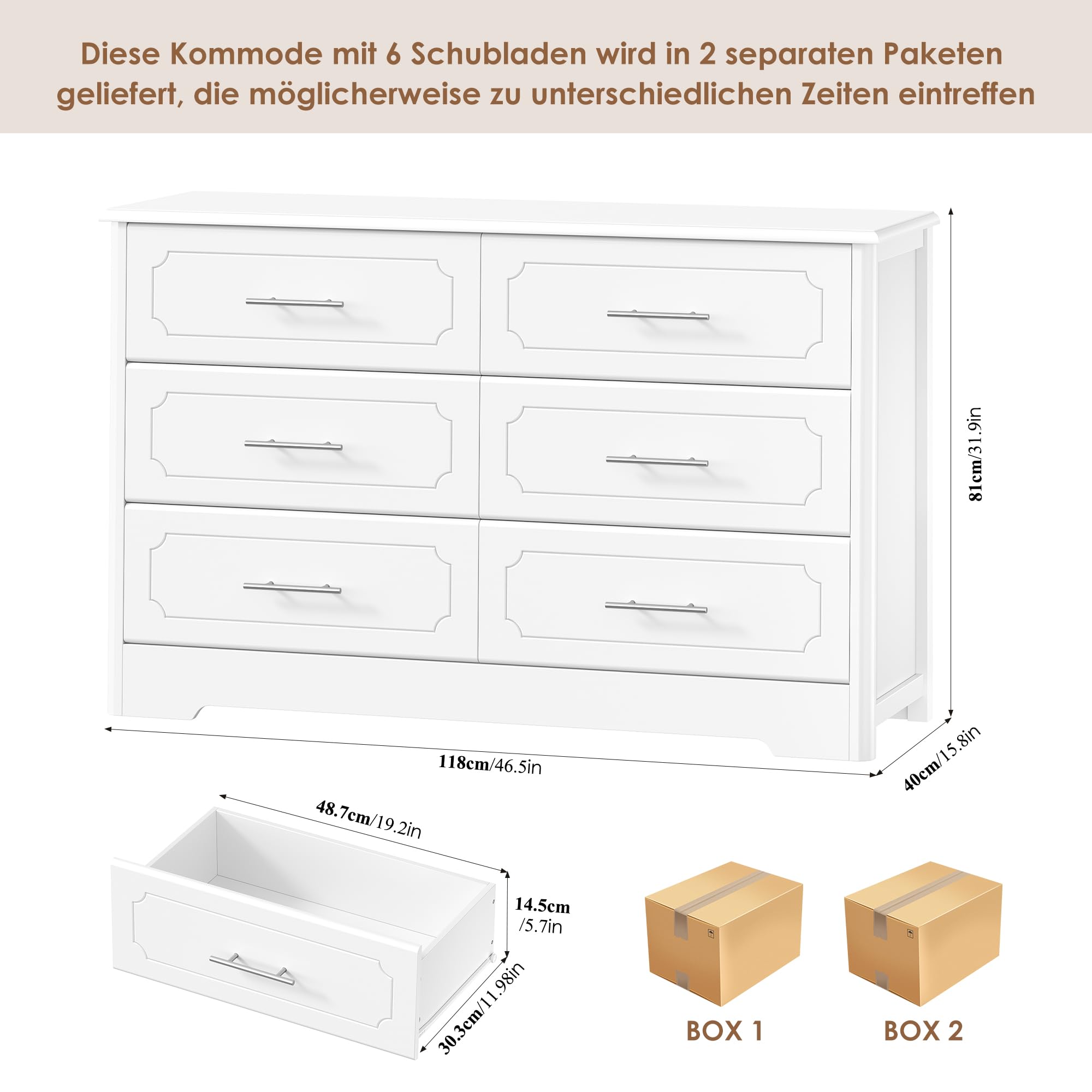 HOCSOK Cassettiera 118 cm con Superficie Verniciata e 6 Cassetti, Bianco