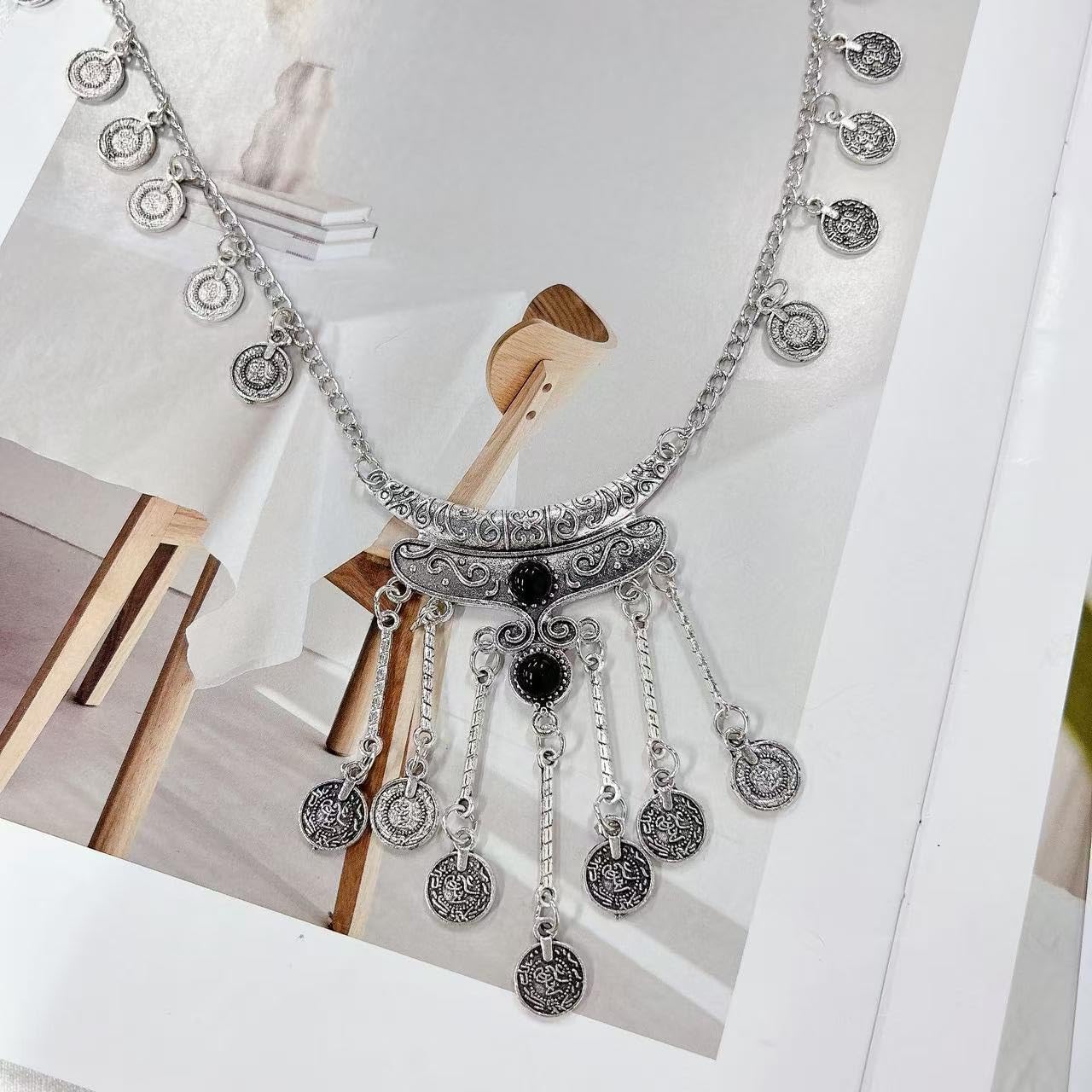 Bohemian Indian Engraved Coin Tassel Ancient Silver Collar Necklace for Women Retro Ethnic Black Gemstone Coins Pendant Tribal Vintage Choker Statement Boho Gypsy Costume Accessories - Image 4