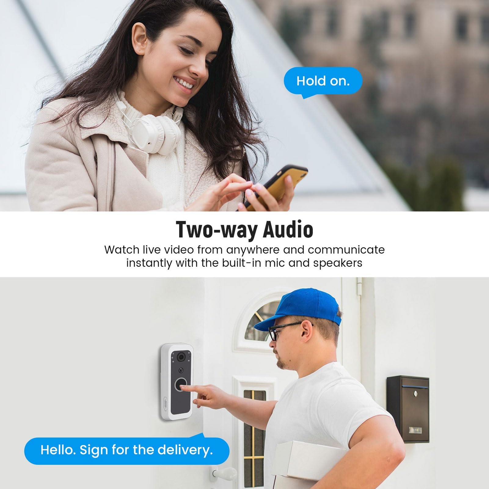 Timbre con Video WiFi, Cámara De Doble Lente HD 1080P con Detección De Movimiento y Comunicación Bidireccional Timbre Inteligente Resistente Al Agua IP65 para Hogar