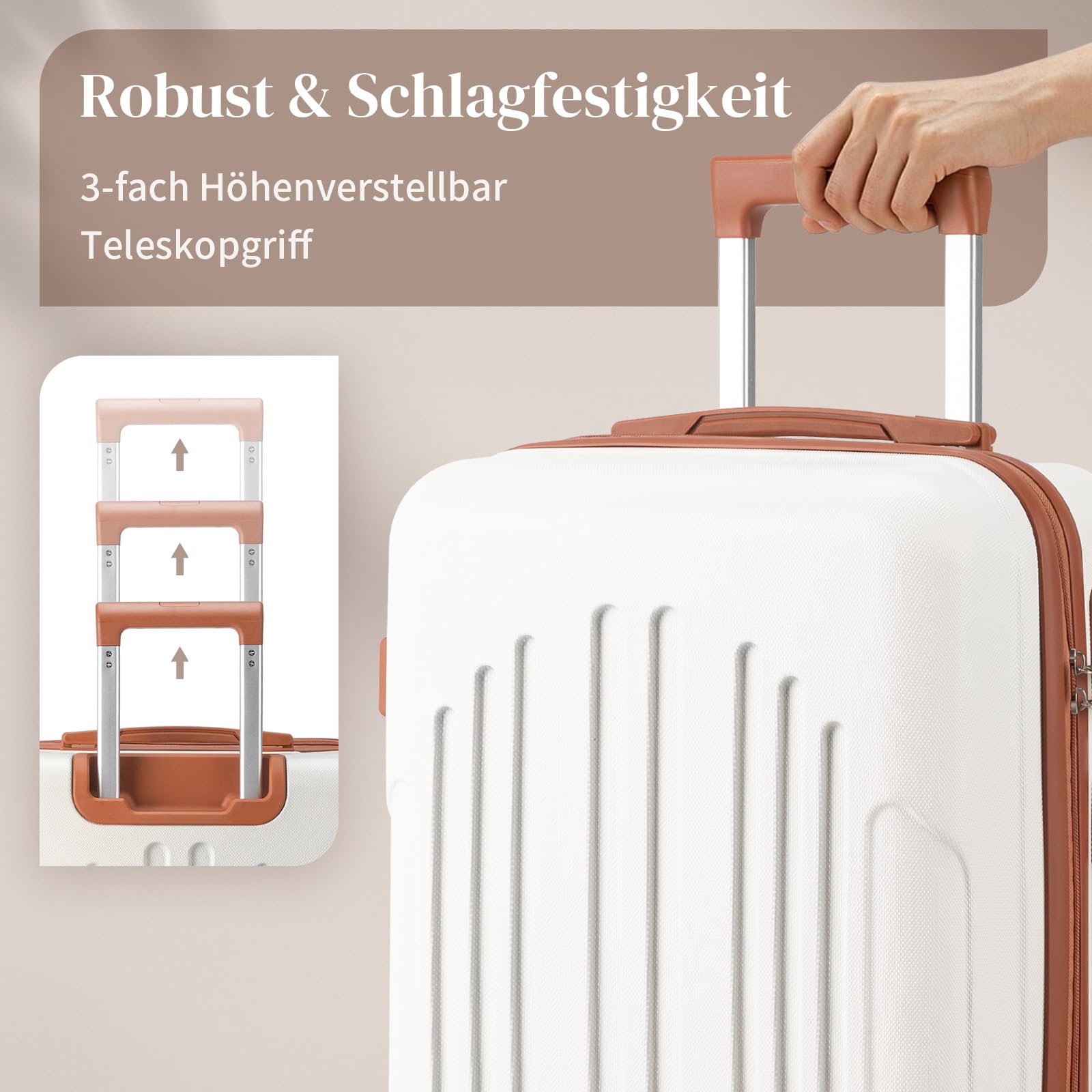 LEADZM Kofferset 4 teilig Hartschale, Koffer Set 4 stück aus ABS, Reisekoffer mit Rollen Groß, Handgepäck, Hartschalenkoffer Groß, Koffer & Trolleys (Beige-Braun)