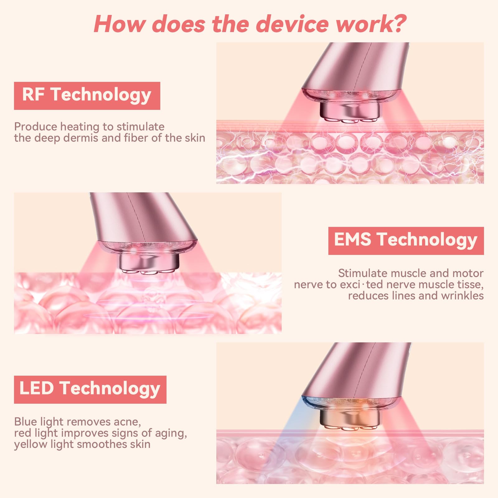 CARER BEAUTY Dispositivo de Radiofrecuencia Facial Masajeador Facial Contra las Arrugas y 3 Terapias de Luz LED para Reducir las Líneas Finas Reafirmar la Piel y Anti-Envejecimiento