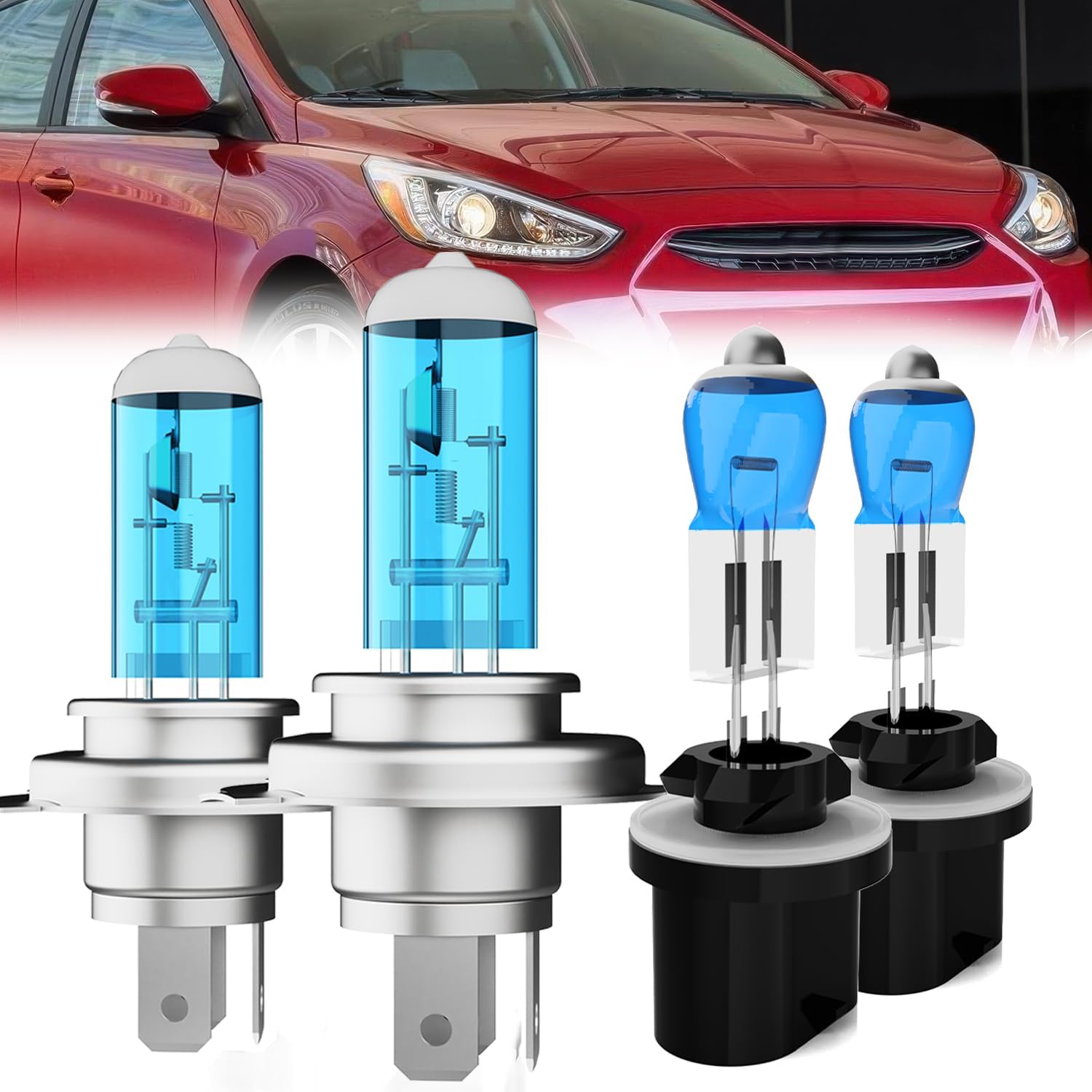 Headlight Bulbs Compatible With Hyundai Accent 2000-2017, 9003 High Low Beam + 880 Fog Lights Halogen Light Bulb Combo, Super Bright 6000K White, Plug and Play, Pack of 4