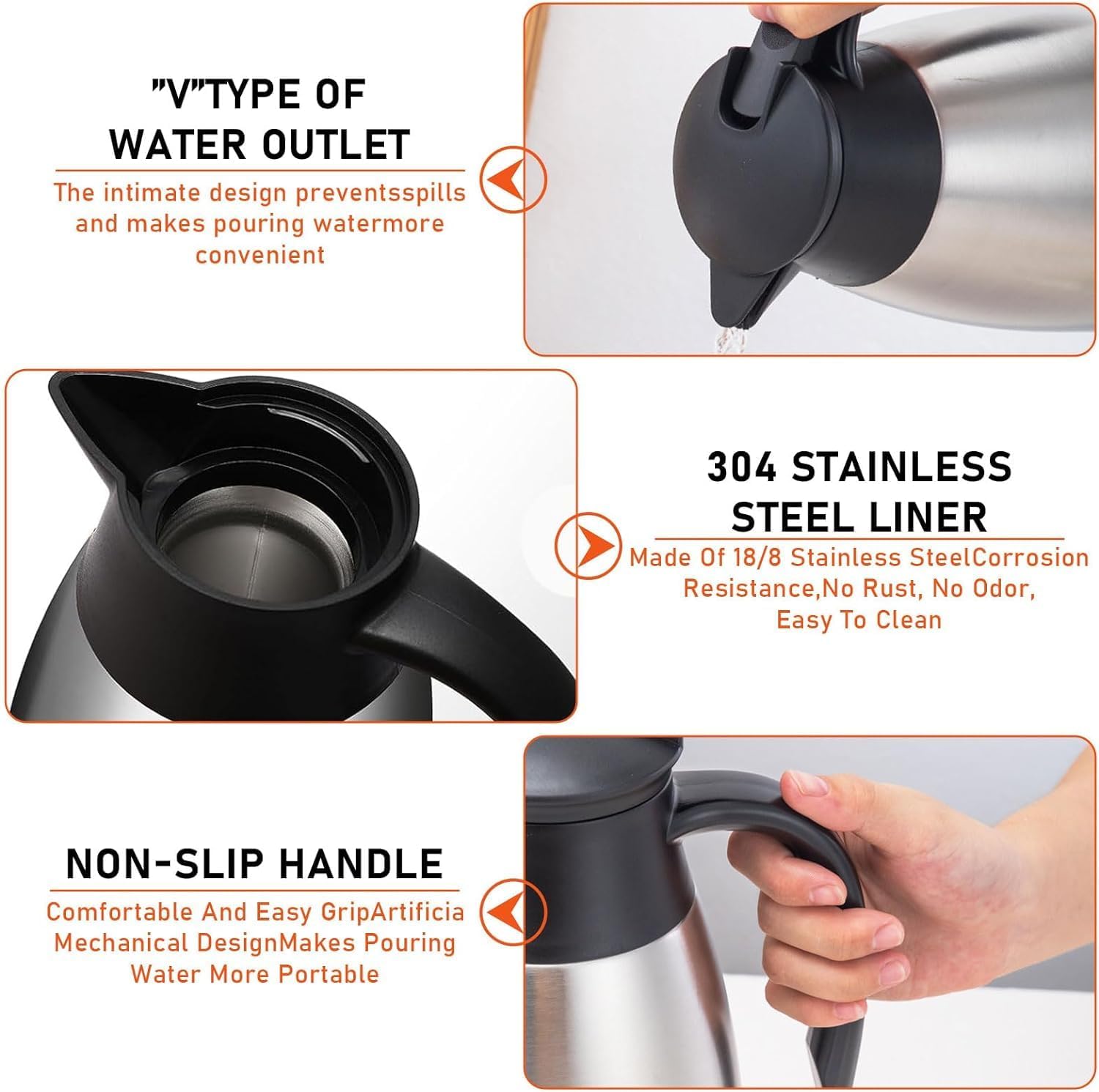 2 Pack 2L Thermal Coffee Carafe Jug, 68 OZ Silver Stainless Steel Insulated Tea Pot, Double Walled Vacuum Carafe Jug for Coffee Tea Hot Water Hot Beverage (12+ Hrs Heat & 24+ Hrs Cold Retention)