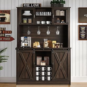 Farmhouse Coffee Bar Cabinet with 4 Mug Hooks, 72 Inch Wine Bar with with Hutch and 2 Sliding Barn Doors, Tall Coffee Bar with 9 Wine Racks for Living Dining Room, Dark Oak