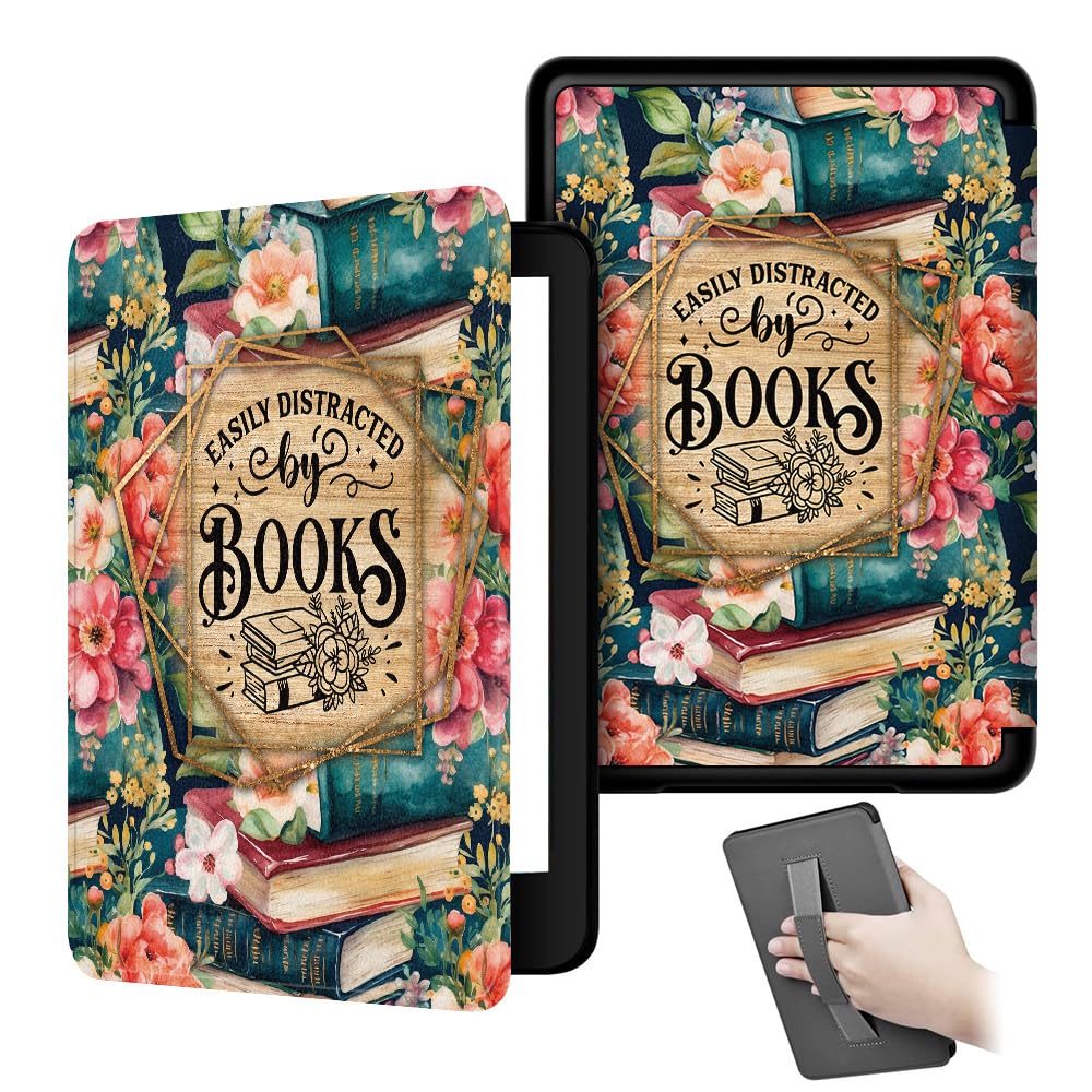 Case for All-New 6" Kindle (11th Generation, 2022/2024 Release), Lightweight PU Leather e-Reader Cover with Auto Wake/Sleep, Hand Strap Feature, Book Lovers Gifts (Easily Distracted by Books)
