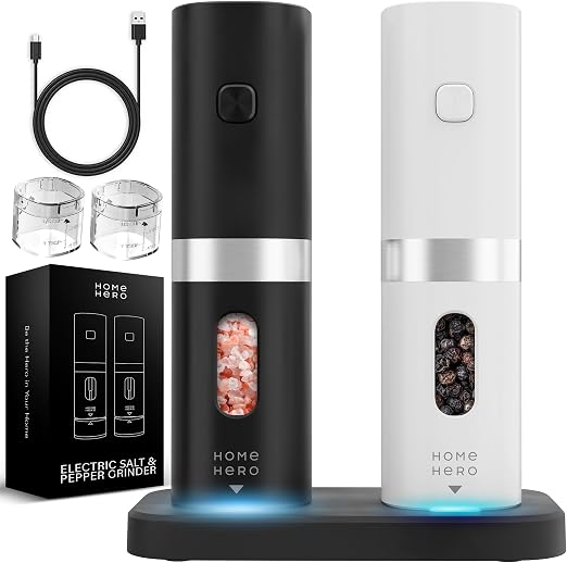 Electric Salt and Pepper Grinder Set - Automatic Salt and Pepper Grinder Set Rechargeable - Light Up Electronic Salt and Pepper Shakers with LED Light, Electric Pepper Grinder & Salt Grinder, Set of 2