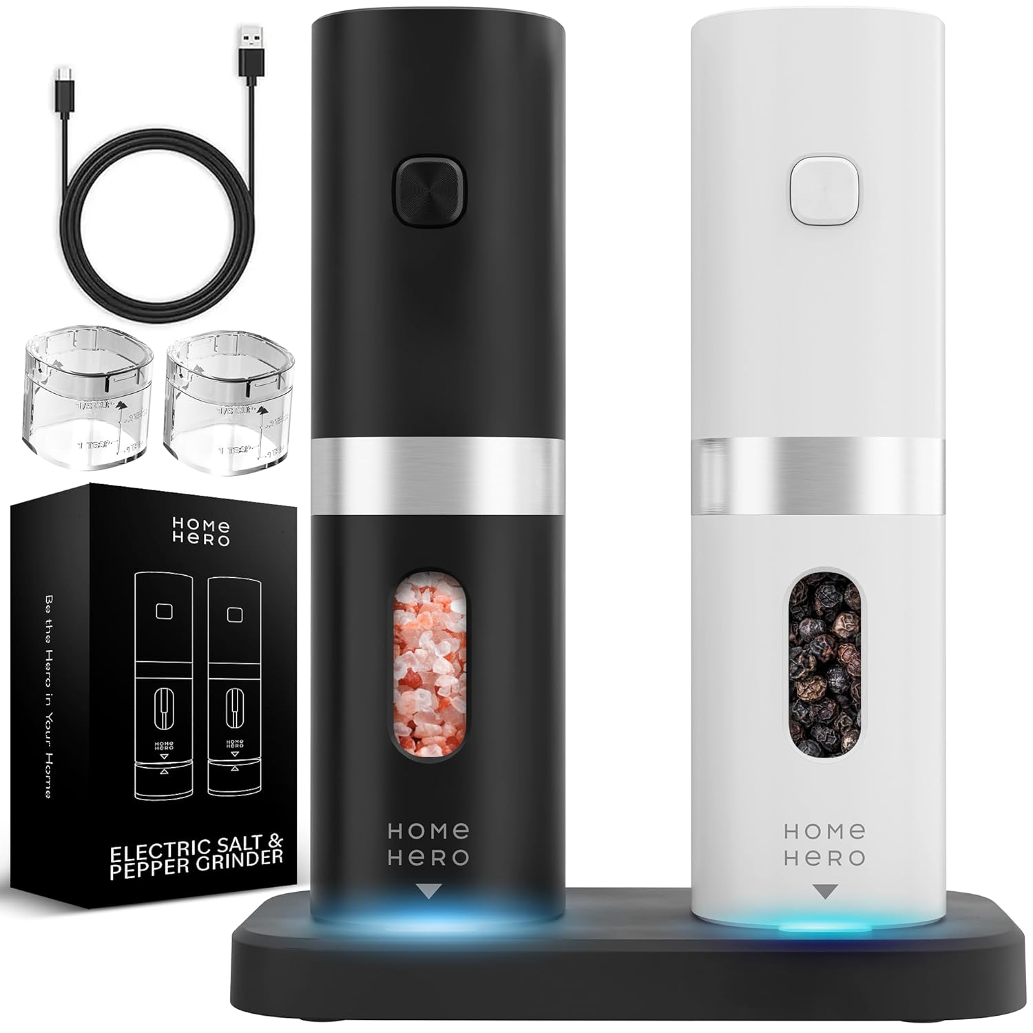 Home Hero Electric Salt and Pepper Grinder Set - Automatic Salt and Pepper Grinder Set Rechargeable Electronic Salt