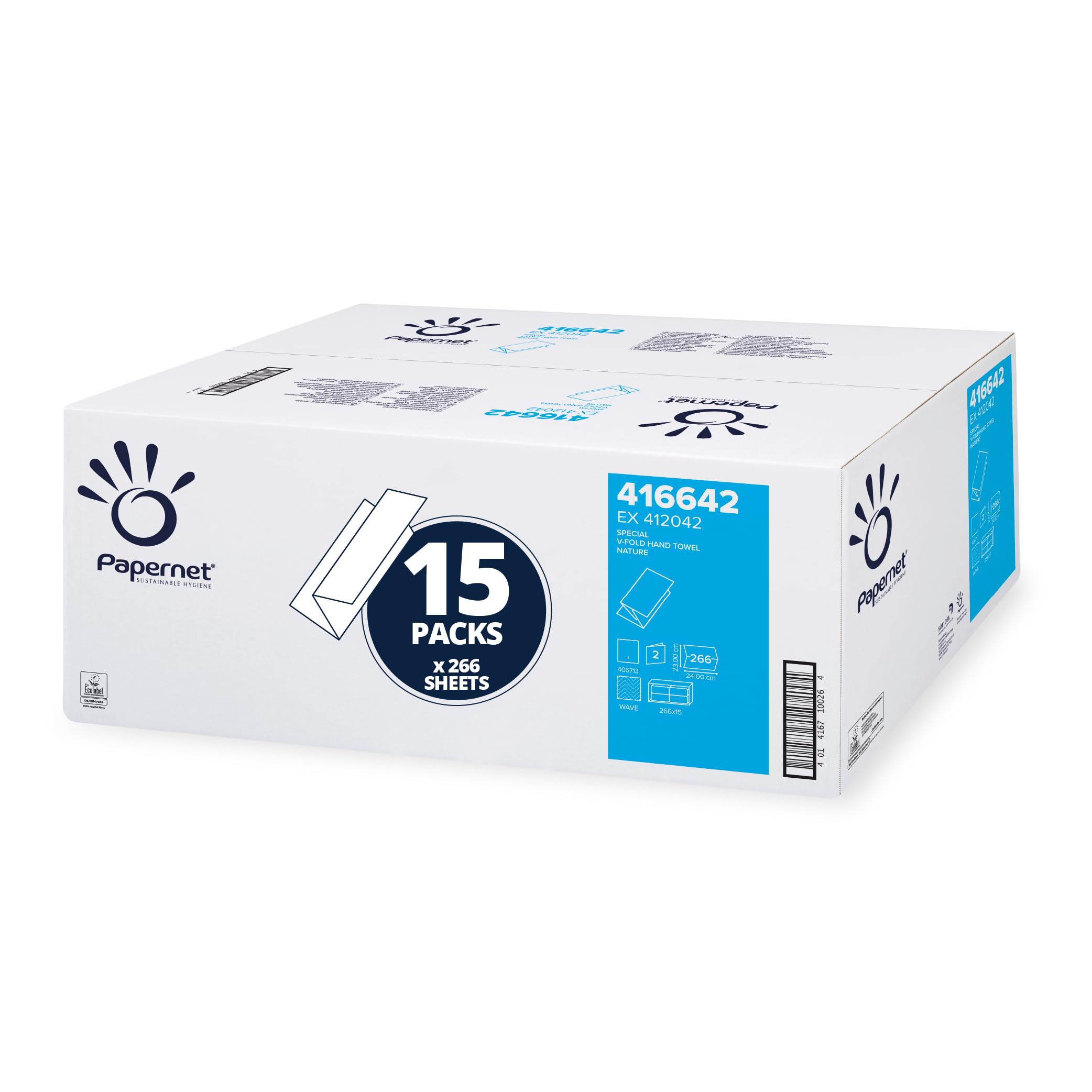 Papernet V-Falz 416642 - Toallas de papel reciclado (2 capas, plegadas, compatibles con dispensadores Papernet antibacterianos C/V, 15 paquetes de 266 hojas, 23 x 24 cm), color blanco