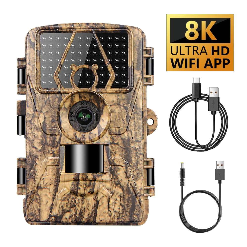 Caméra de chasse WiFi 8K 60MP avec vision nocturne et carte SD 32 Go, activée par le mouvement, étanche IP67, portée de 30,5 m, grand angle de 120°, 42 LED infrarouges sans lumière