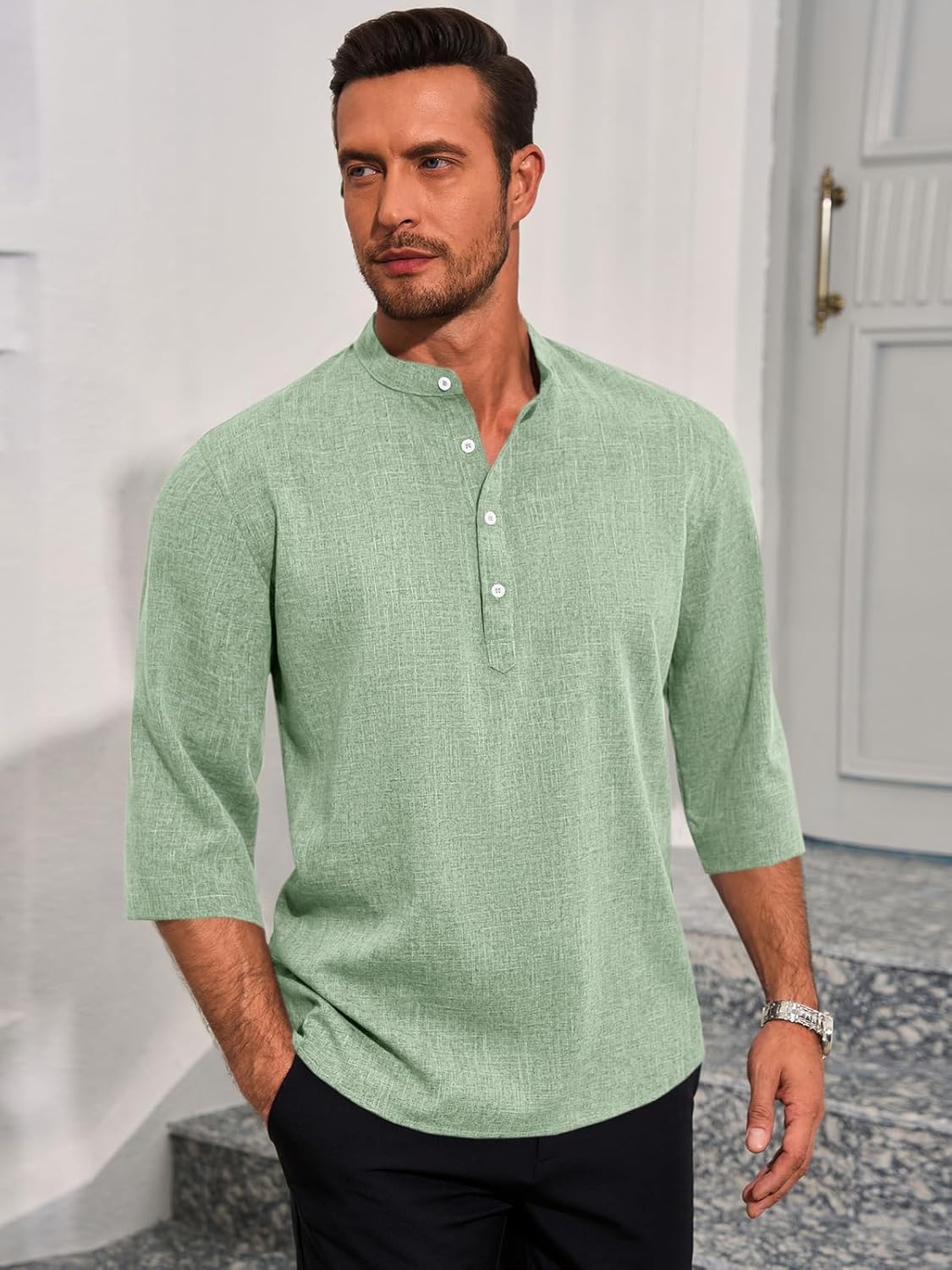 Runcati Mens Linen Henley Shirts Casual Lightweight 3/4 Sleeve T-Shirt Summer Beach Yoga Hippie Tops - Image 3