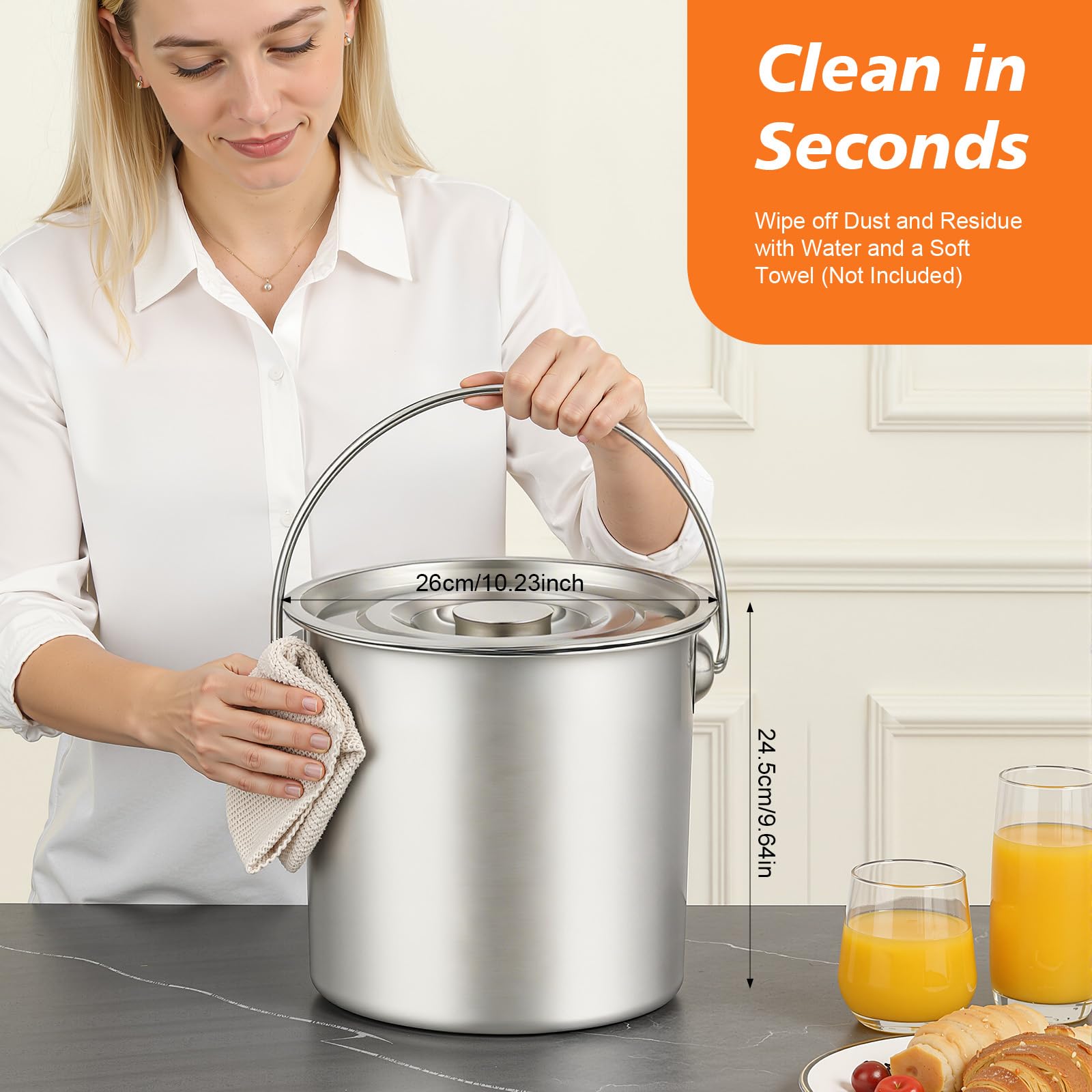 Secchio con coperchio, 12 l, in acciaio inox, per cucina e alimenti, secchio in metallo in acciaio inox, secchio per acqua con maniglia e coperchio