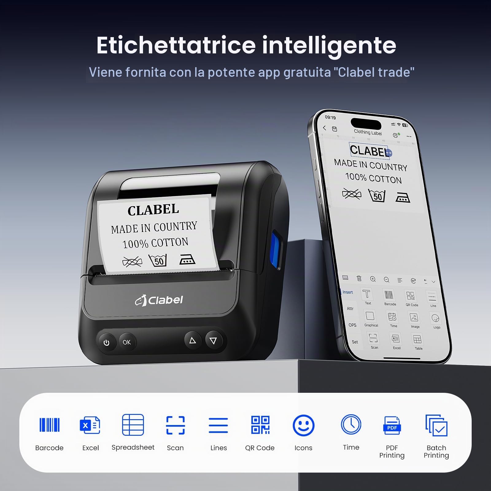 CLABEL 320B Stampante Termica per Etichette Bluetooth, 3" Etichettatrice | Etichette di Terze parti 25-75mm, Stampa offline, iOS Android PC, 2200mAh, Prezzi Codici a Barre Ufficio Negozio Scuola
