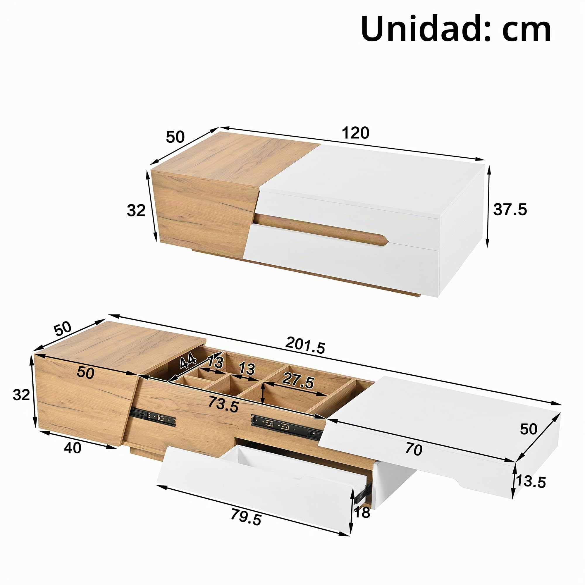 SUKY Mesa de centro extensible, mesa de salón con cajones, mesa auxiliar con estructura de bloques de color, 120 x 50 x 37,5 cm, color blanco y madera