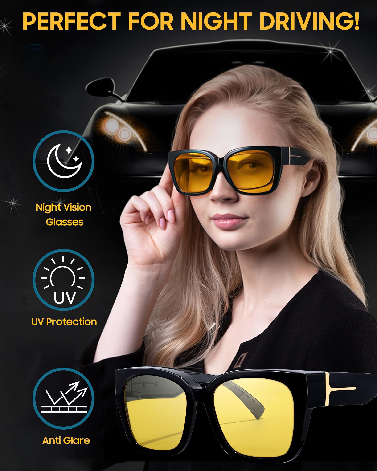 SIPHEW Polarisiert nachtfahrbrille für Brillenträger - Große Überbrille mit gelben Gläsern für Autofahrer: Überzieh-Nachtsichtbrille für Fahren bei Nacht und Tag UV400 Schutz