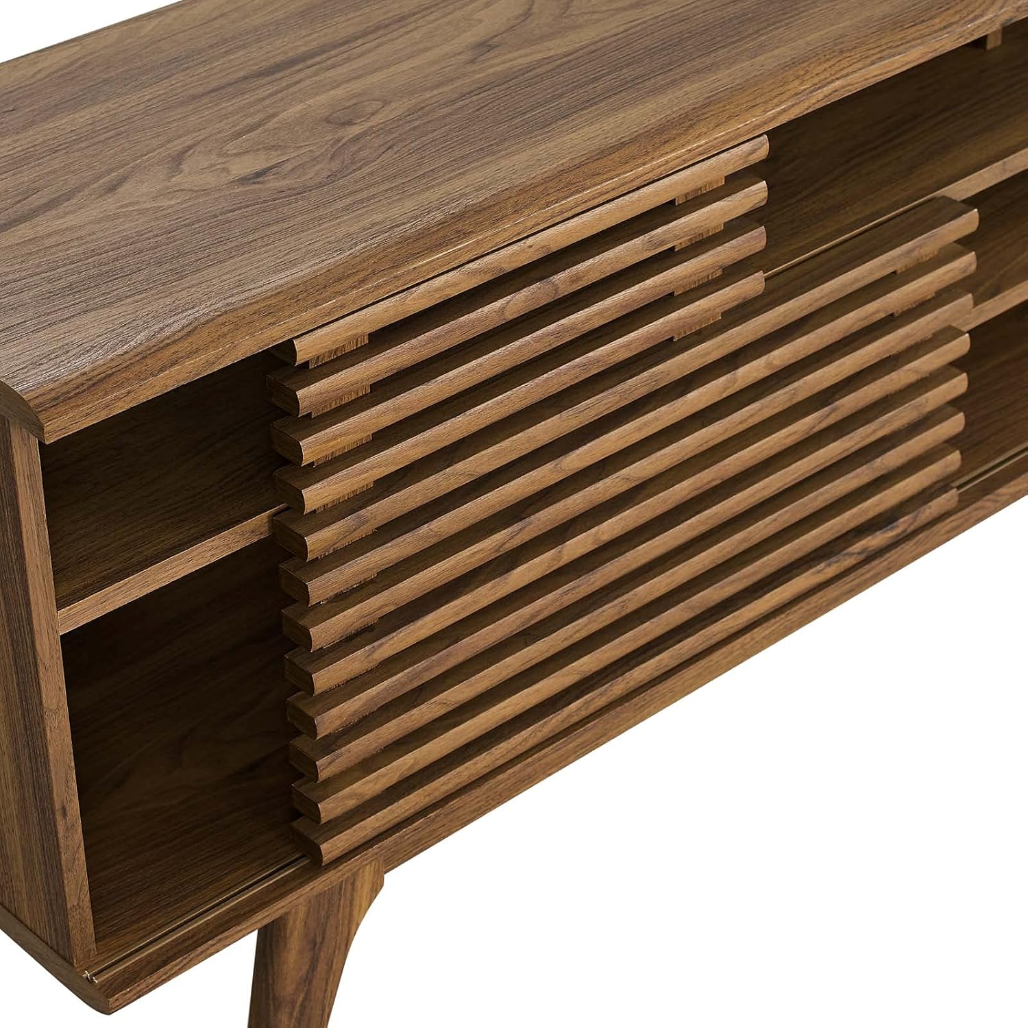 Mid-Century Walnut Media Console with Sliding Doors and Cable Management