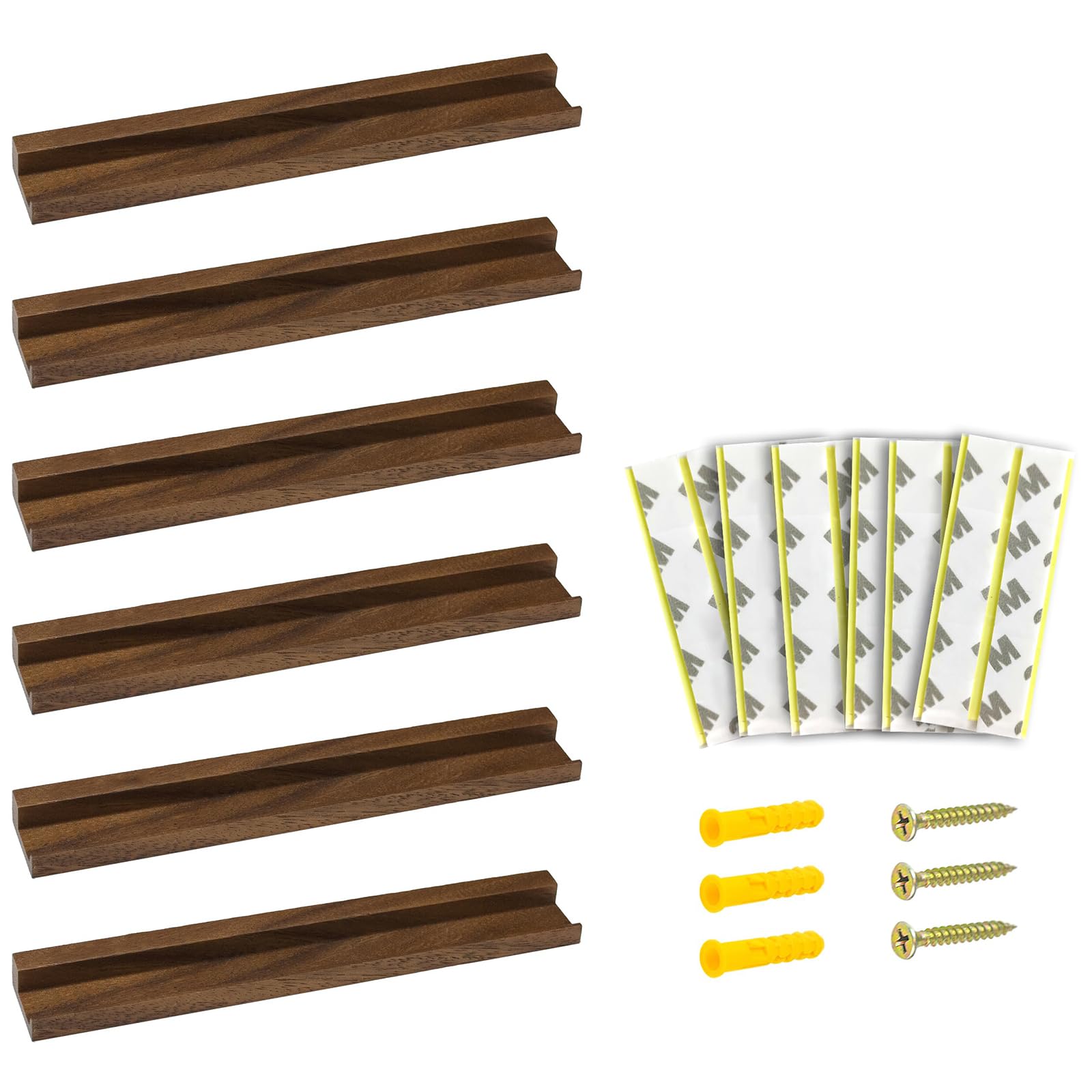 Rusokufo 6 Piece Vinyl Wall Mount Set No Drilling, Solid Walnut Wood Record Shelf with Adhesive or Screw Mounting for Albums and Magazines