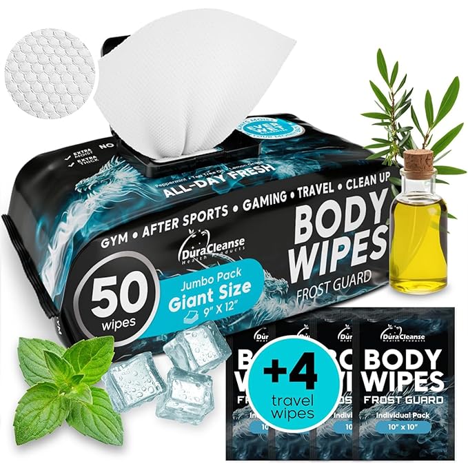 Cooling Body Wipes for Men - 50 XL No Rinse Shower Wipes + 4 Travel Cold Shower Wipes - 9"x12" XL Deodorizing After Gym Wipes - Survival Gear and Supplies Face Wipes for Men - Military Wipes