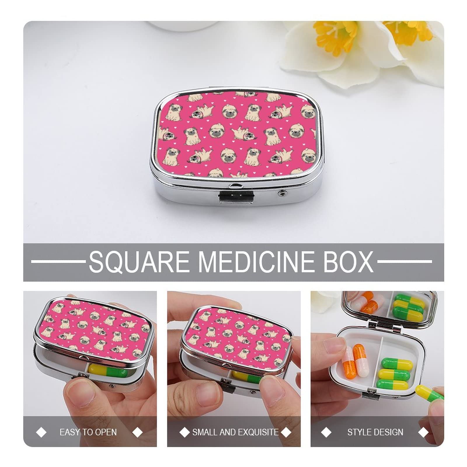 Pastillero De Viaje Pastillero Lindo Patrón De Corazones Pugs Pequeño Monedero Pastillero Caja De Almacenamiento De Medicamentos, Caja De Vitaminas Portátil