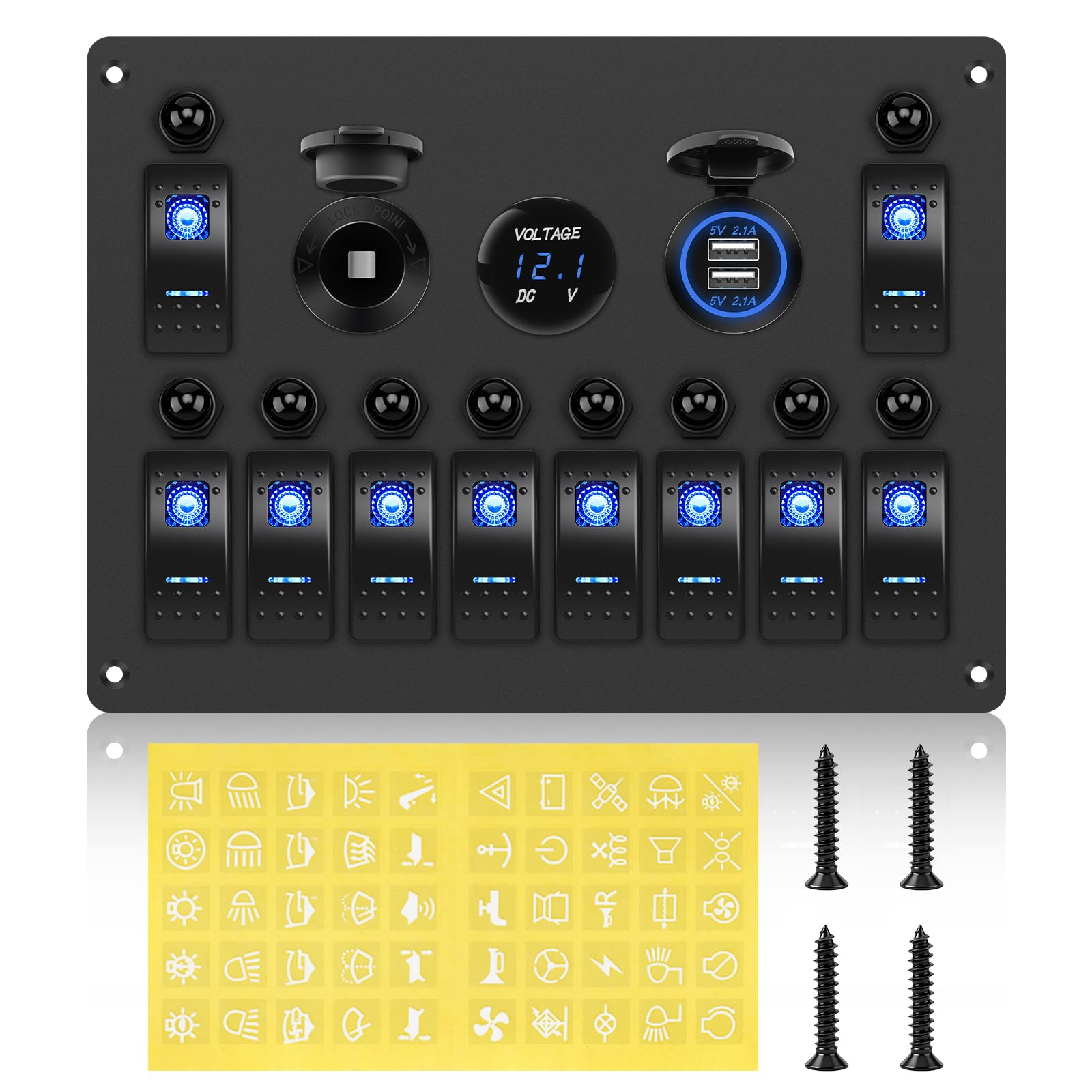 Geloo Pannello Interruttori a Bilanciere 12V 24V 10 Gang Interruttore a Levetta Impermeabile con Interruttore Automatico, Voltmetro, Presa Accendisigari per Auto, Doppio Caricatore USB