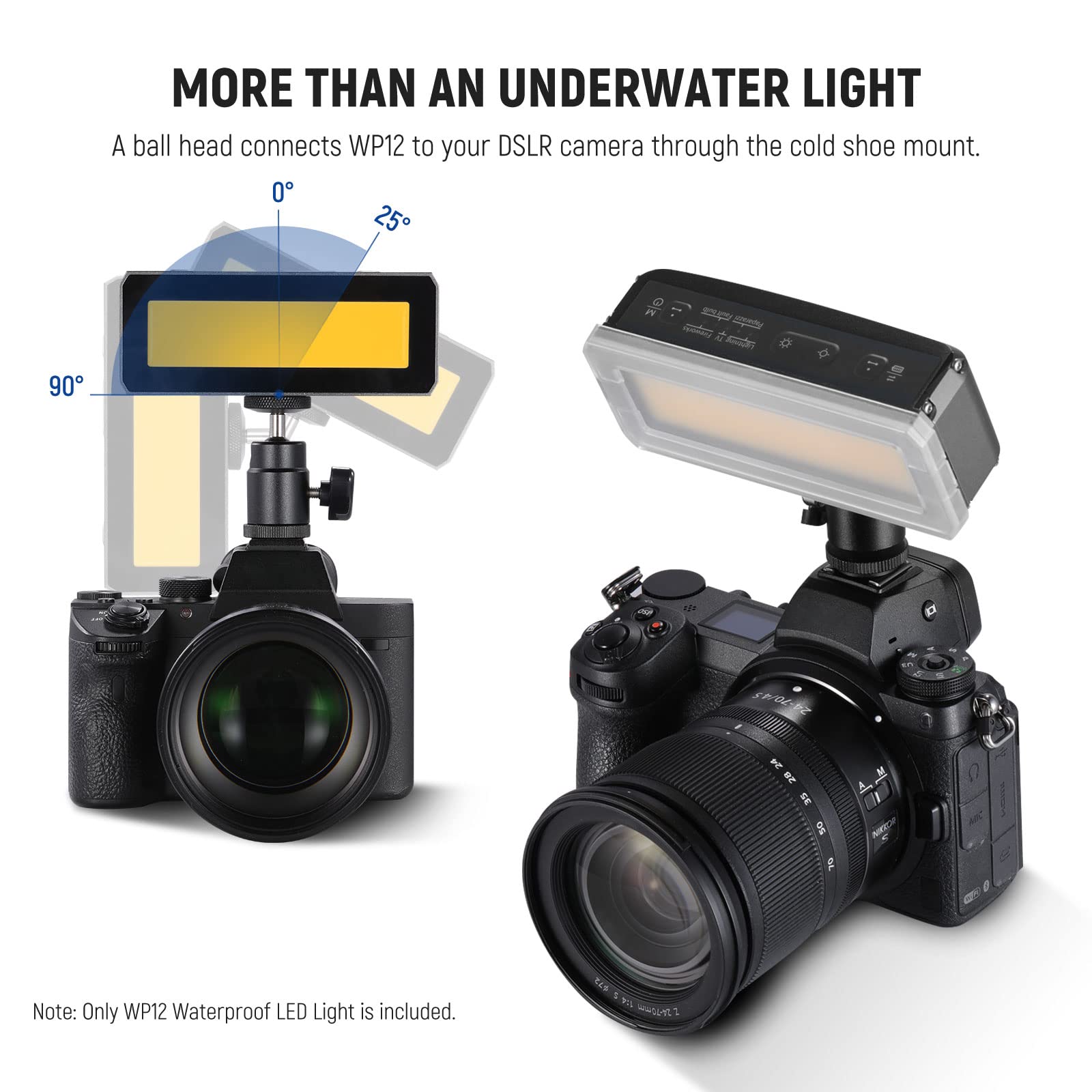 NEEWER WP12 Unterwasser Tauchlicht, 33ft/10m IP68 Wasserdichtes LED Video Licht mit Kugelkopf, 1900mAh 5600K CRI97+ TLCI98+ 2600lux/0,5m(Modus:BOOSTER),5 Effekte, Magnetische Aufladung für DSLR Kamera